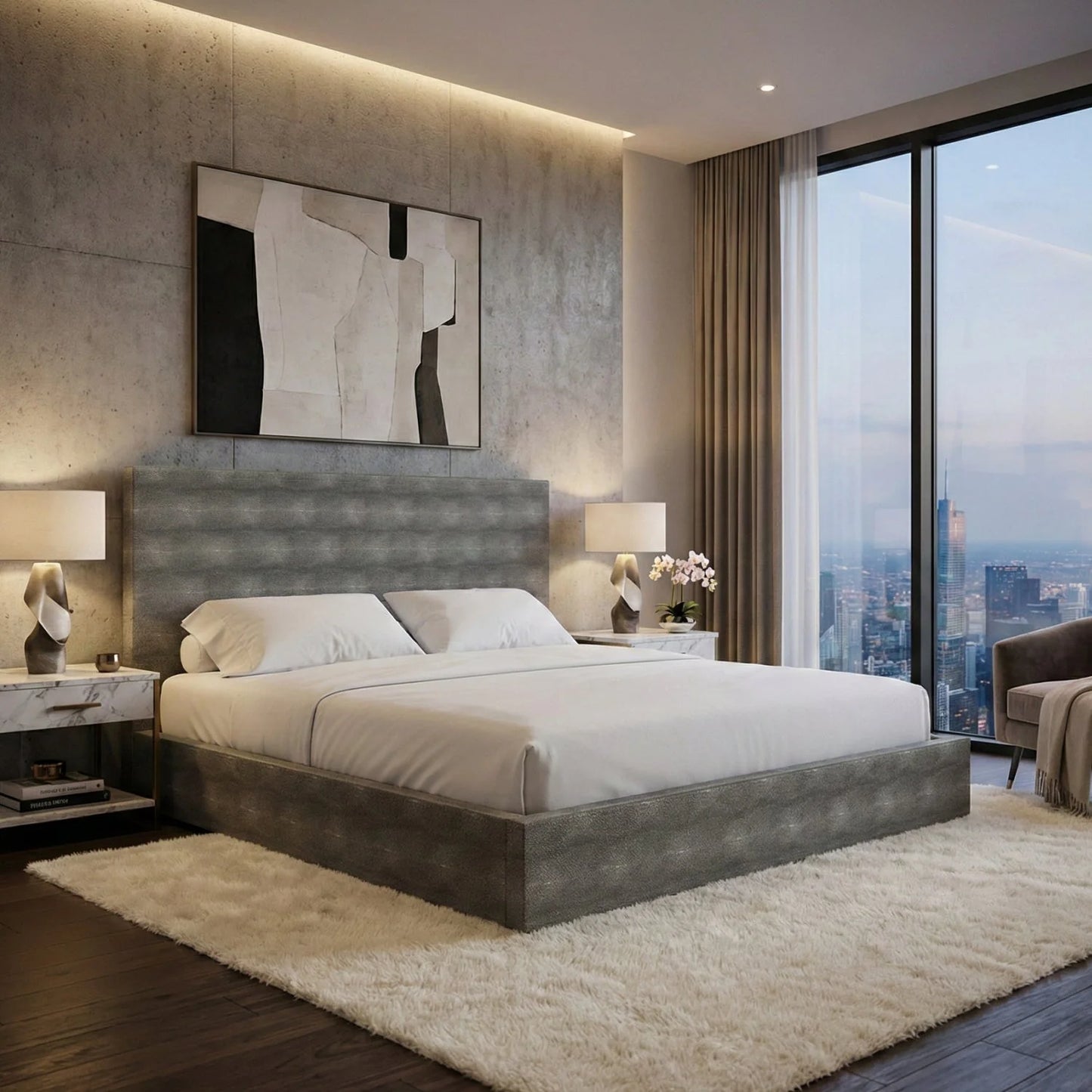 Luxury Modern Dark Shagreen Bed European Style for Villa