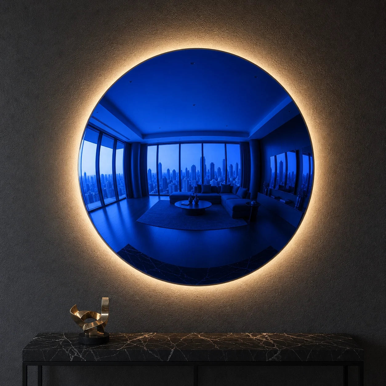 Luxury Modern Deep Blue Convex Halo Mirror European Style for Villa