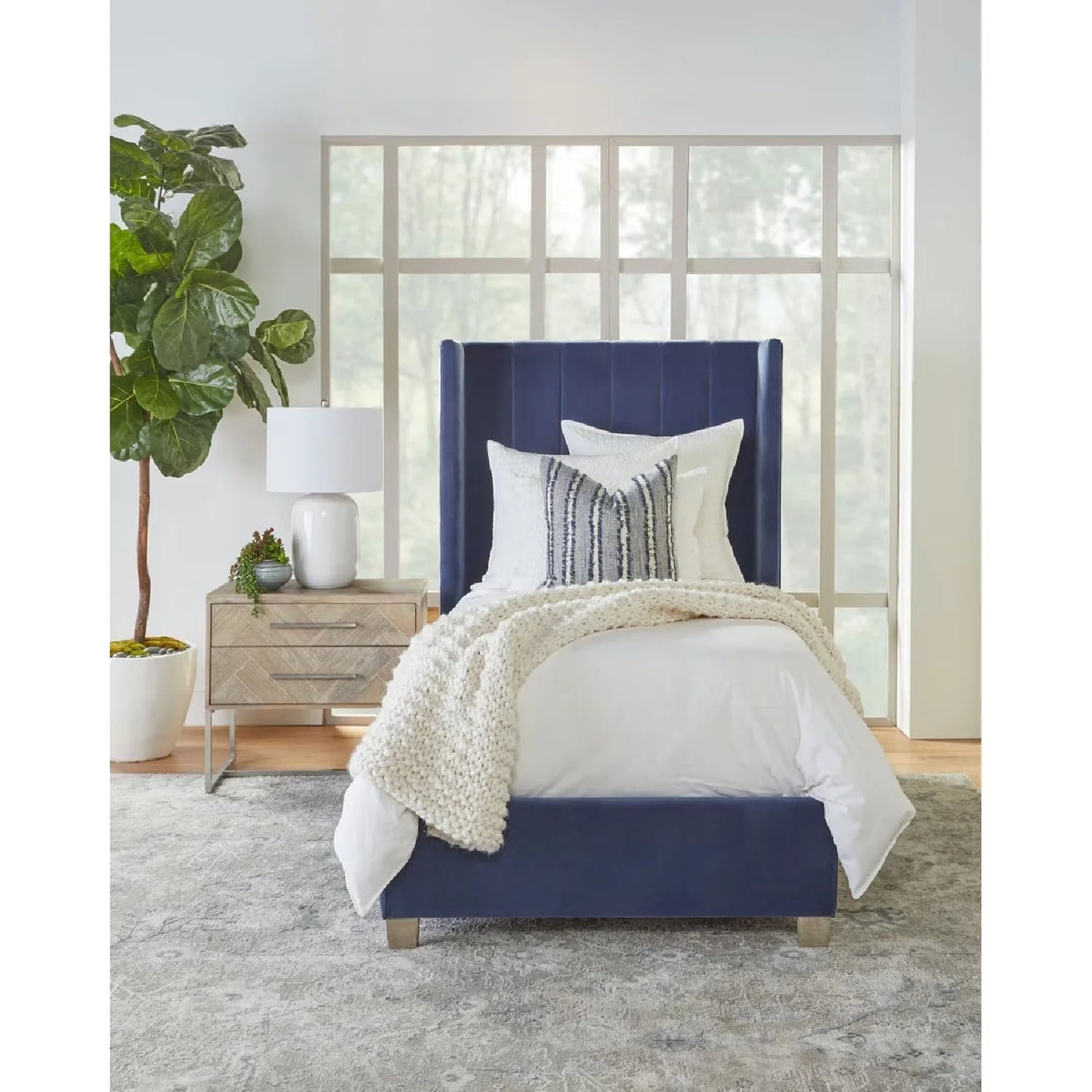 Luxury Modern Denim Blue Velvet Twin Bed European Style for Villa