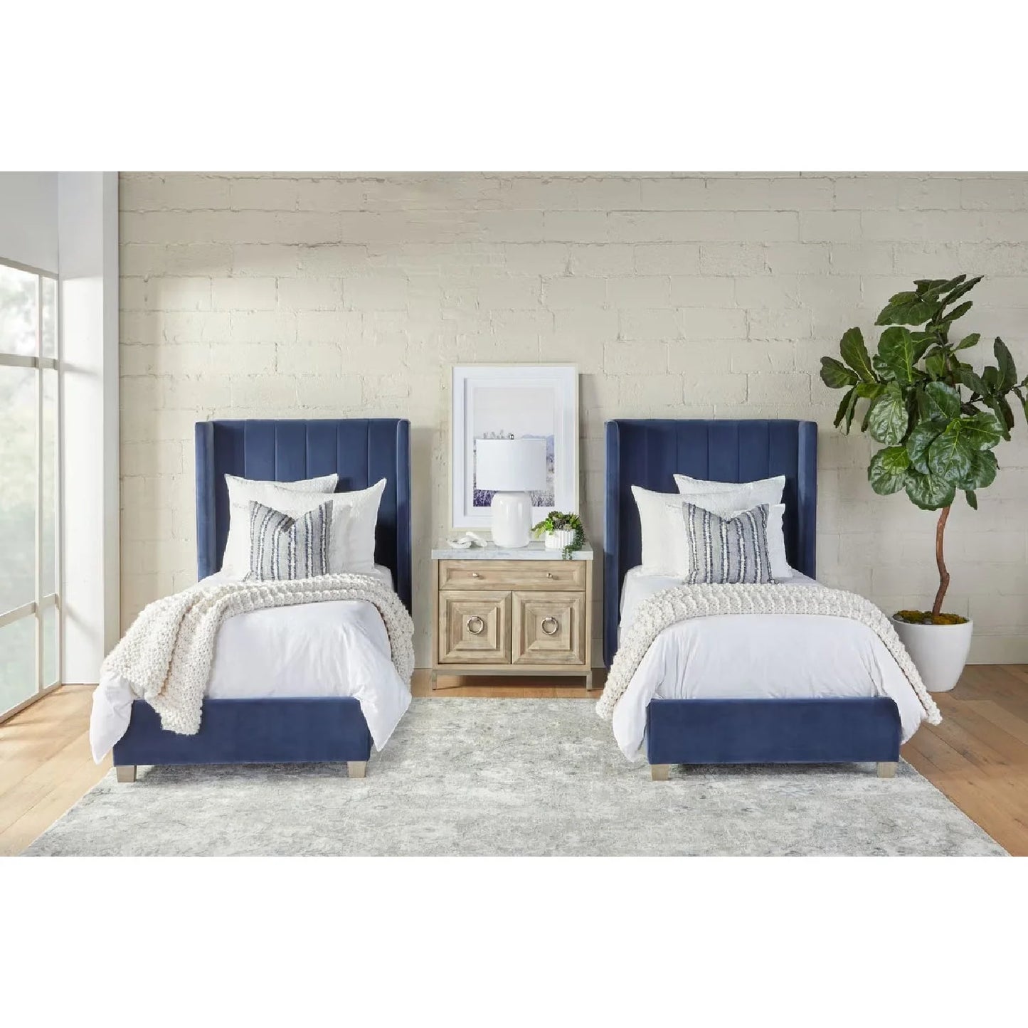 Luxury Modern Denim Blue Velvet Twin Bed European Style for Villa