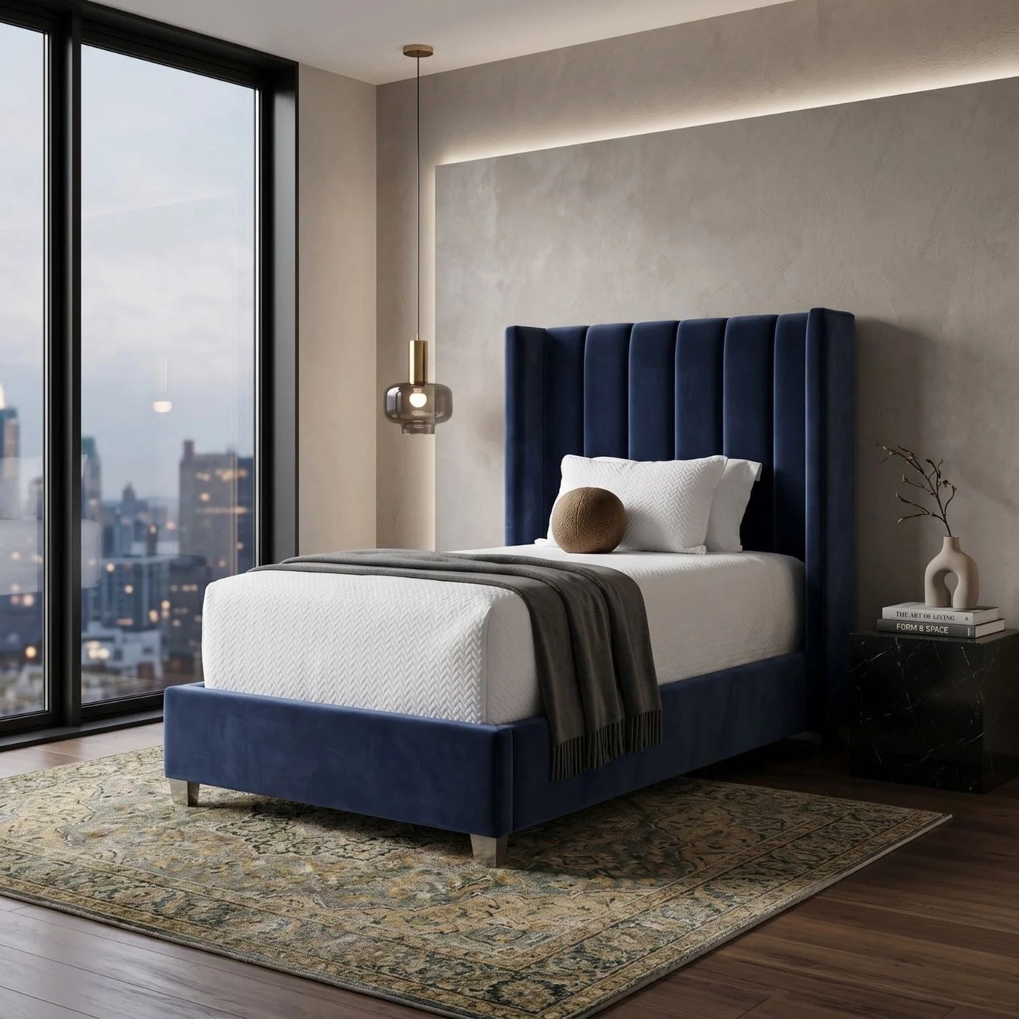 Luxury Modern Denim Blue Velvet Twin Bed European Style for Villa