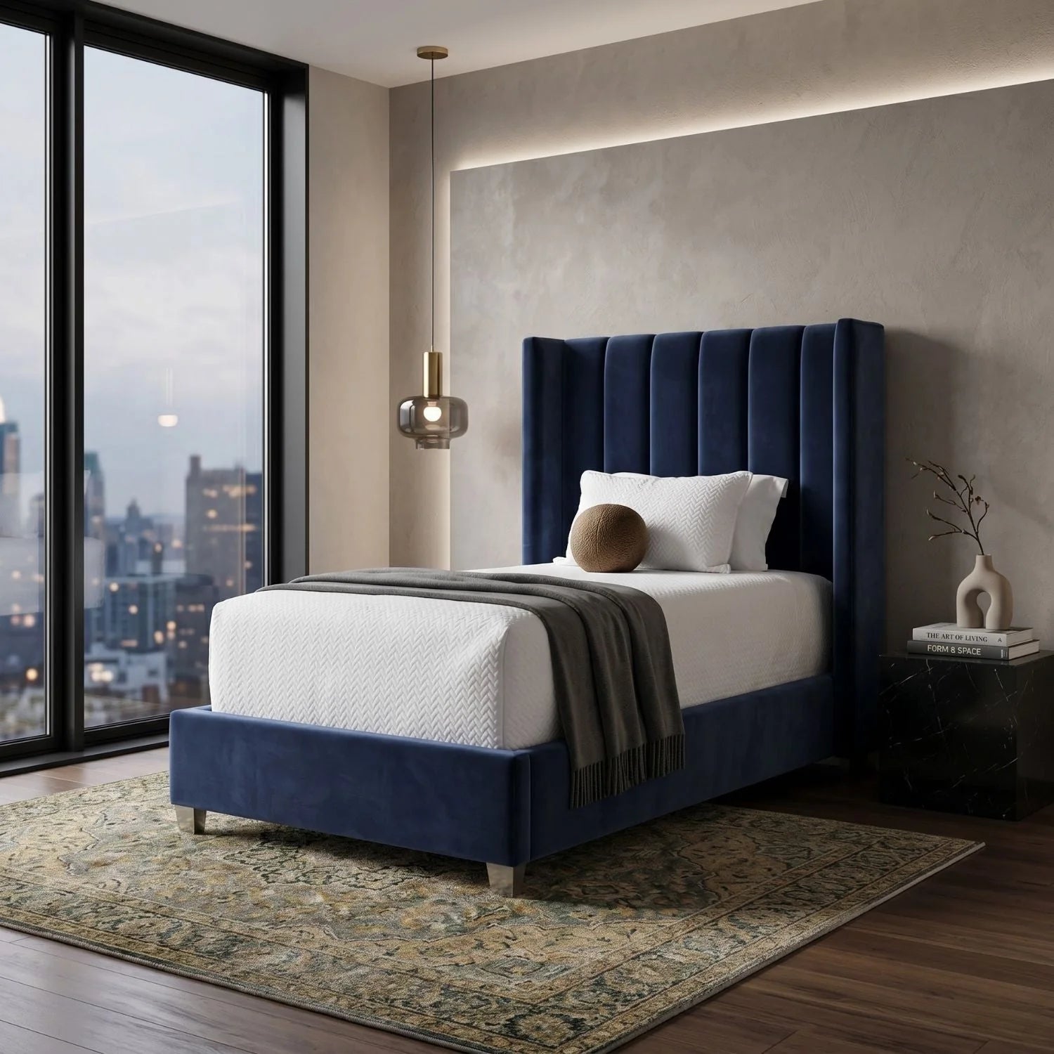 Luxury Modern Denim Blue Velvet Twin Bed European Style for Villa