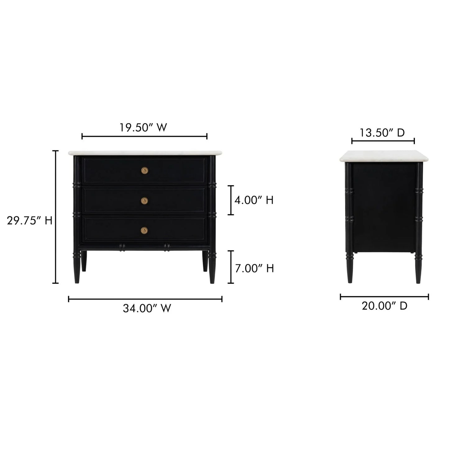 Luxury Modern Eleanor 3-Drawer Black Nightstand European Style for Villa
