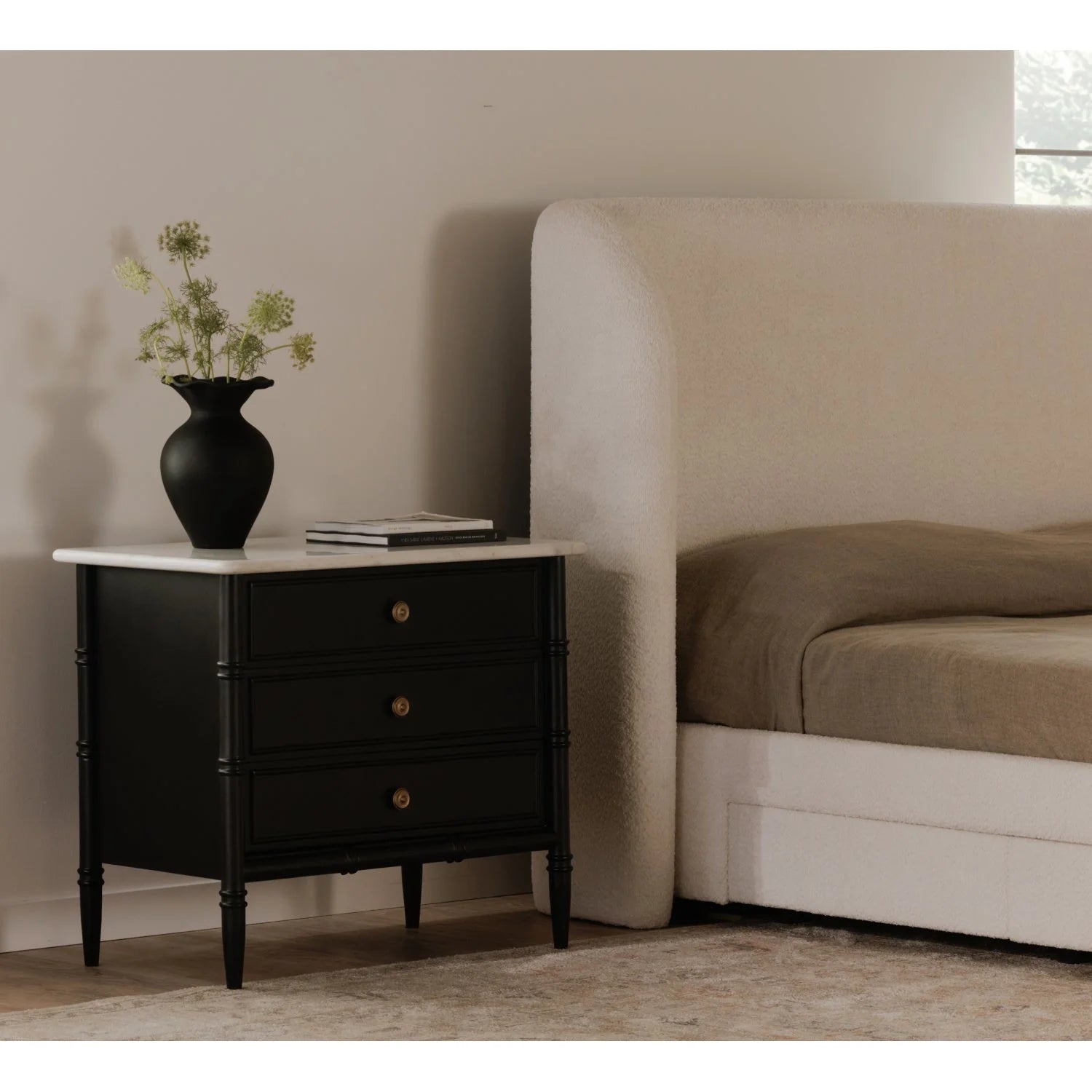 Luxury Modern Eleanor 3-Drawer Black Nightstand European Style for Villa