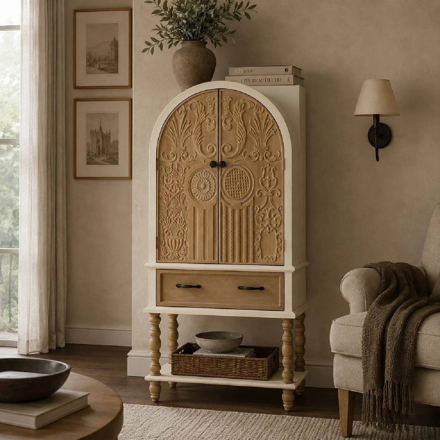 Luxury Modern Floral Carved 2-Door Cabinet European Style for Villa