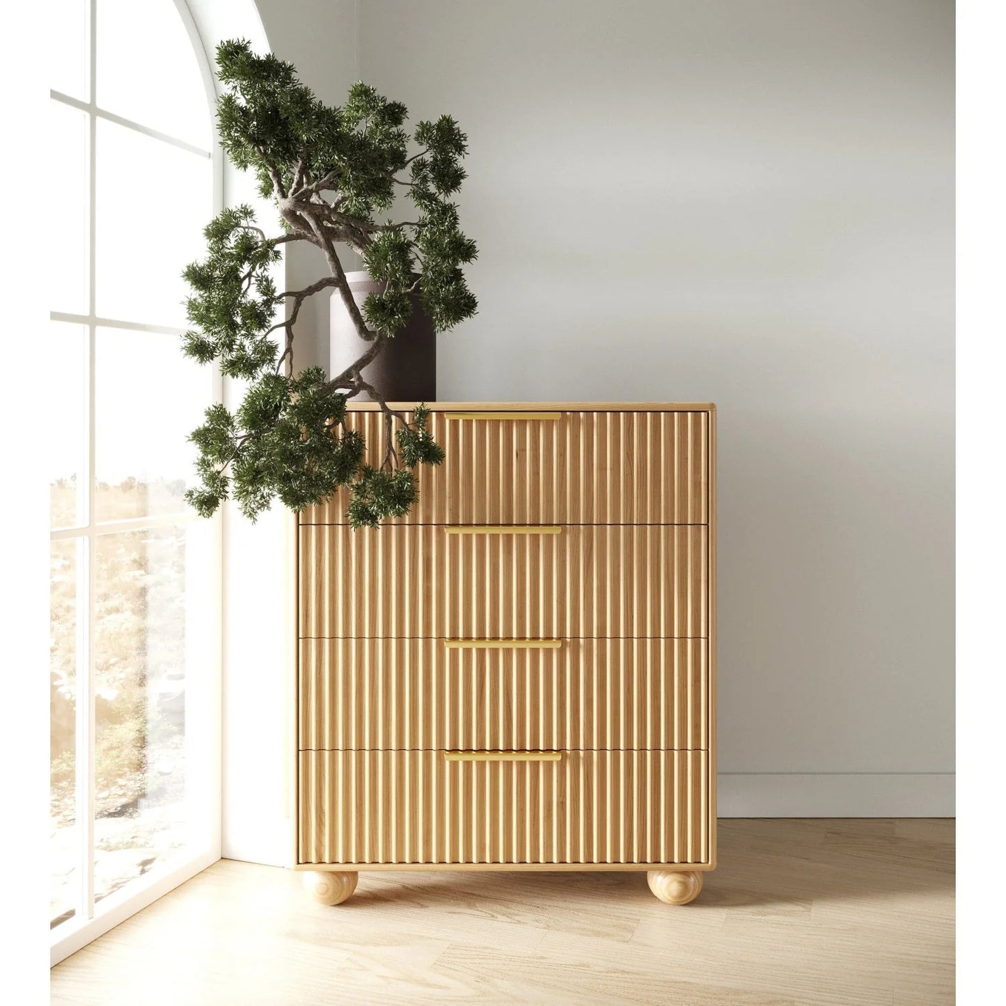 Luxury Modern Fluted Natural Oak 4-Drawer Chest European Style for Villa