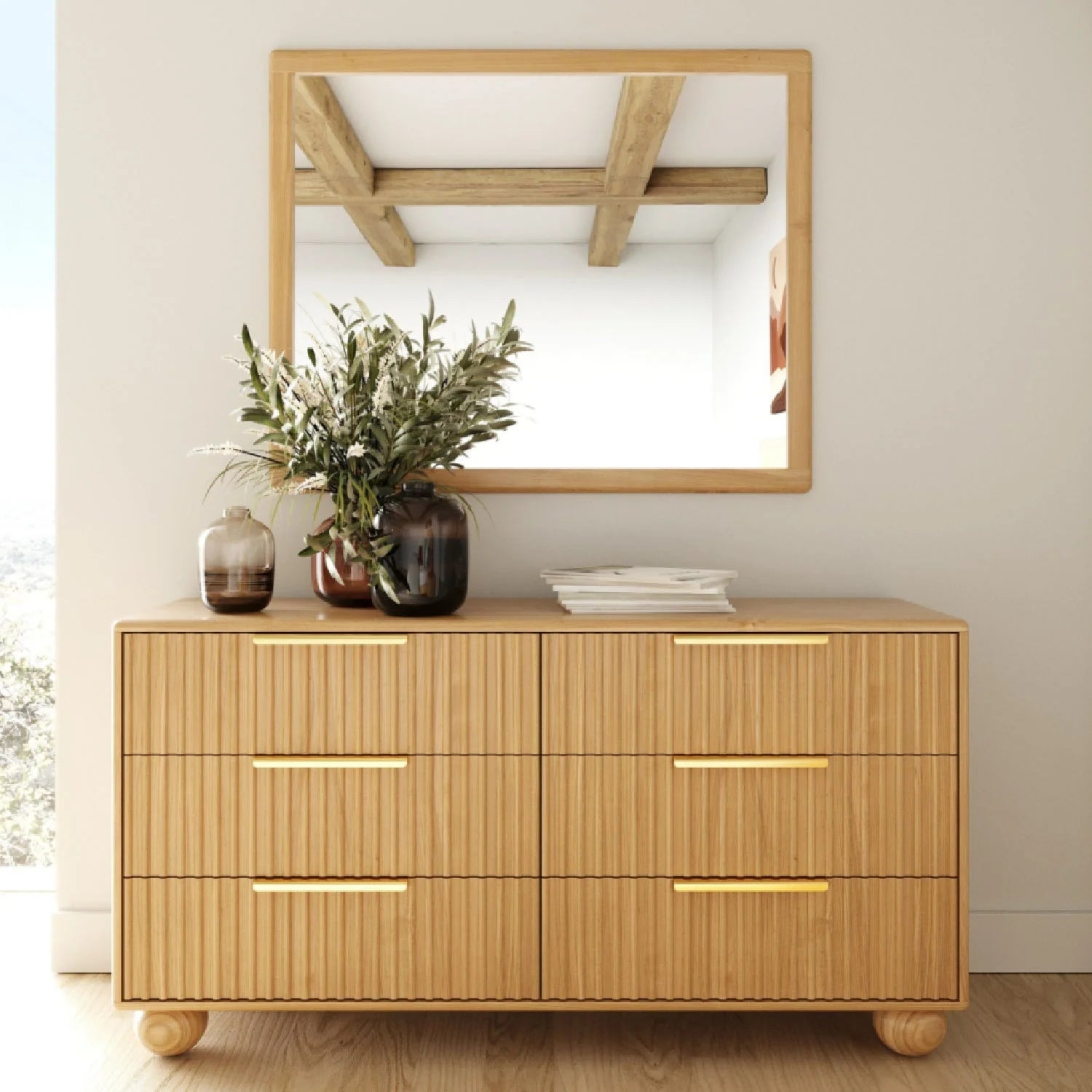 Luxury Modern Fluted Oak 6-Drawer Dresser European Style for Villa