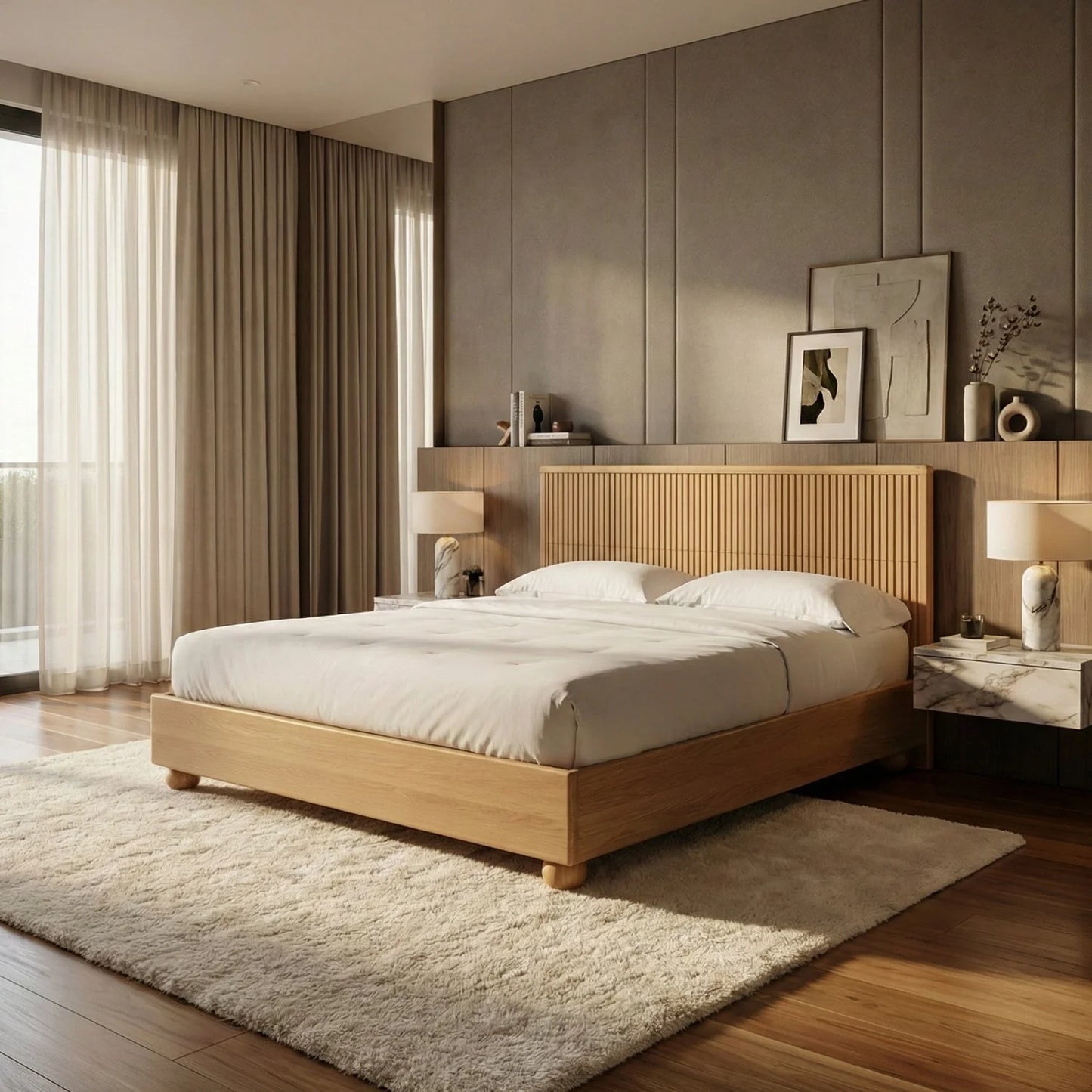 Luxury Modern Fluted Oak Bed European Style for Villa