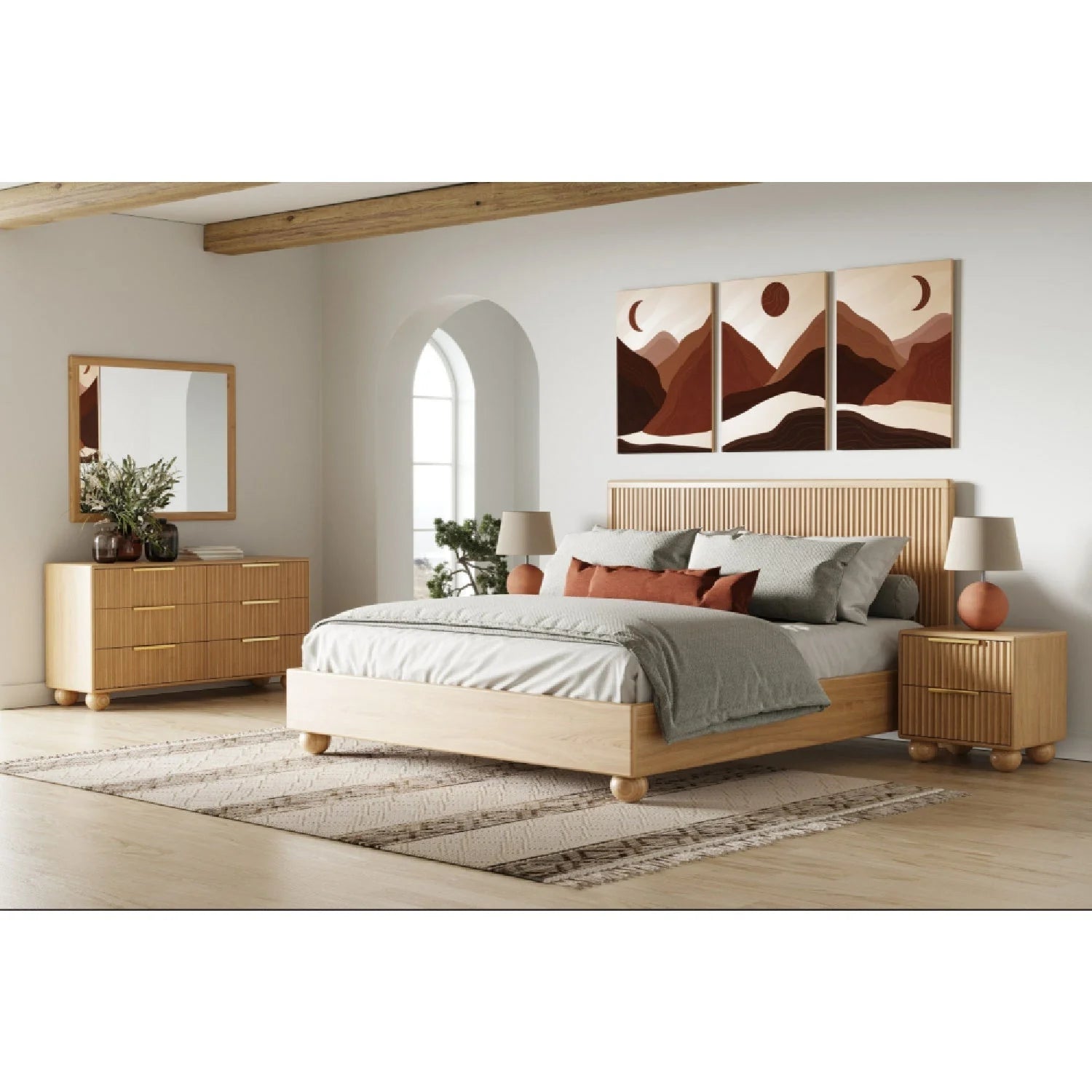 Luxury Modern Fluted Oak Bed European Style for Villa