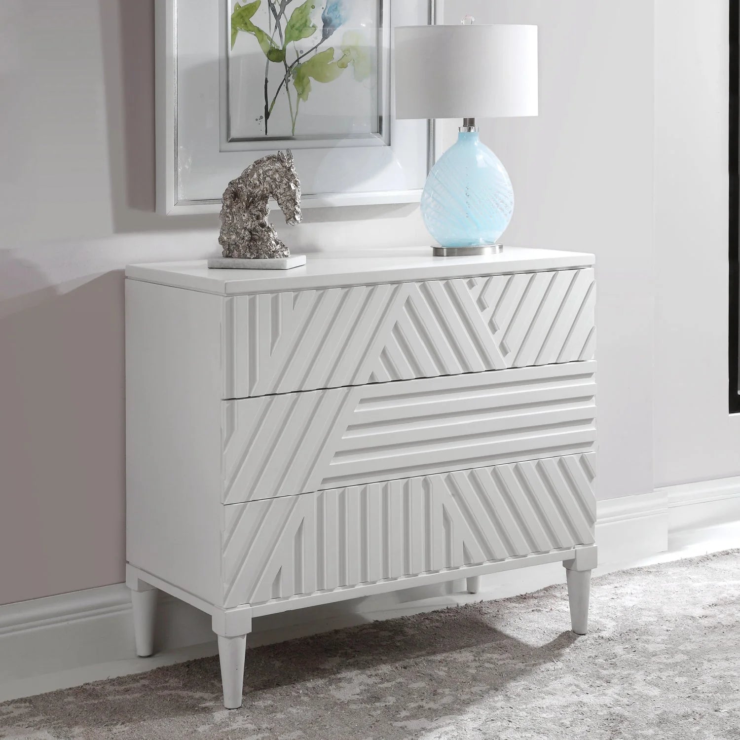 Luxury Modern Geometric Carved 3-Drawer Chest European Style for Villa