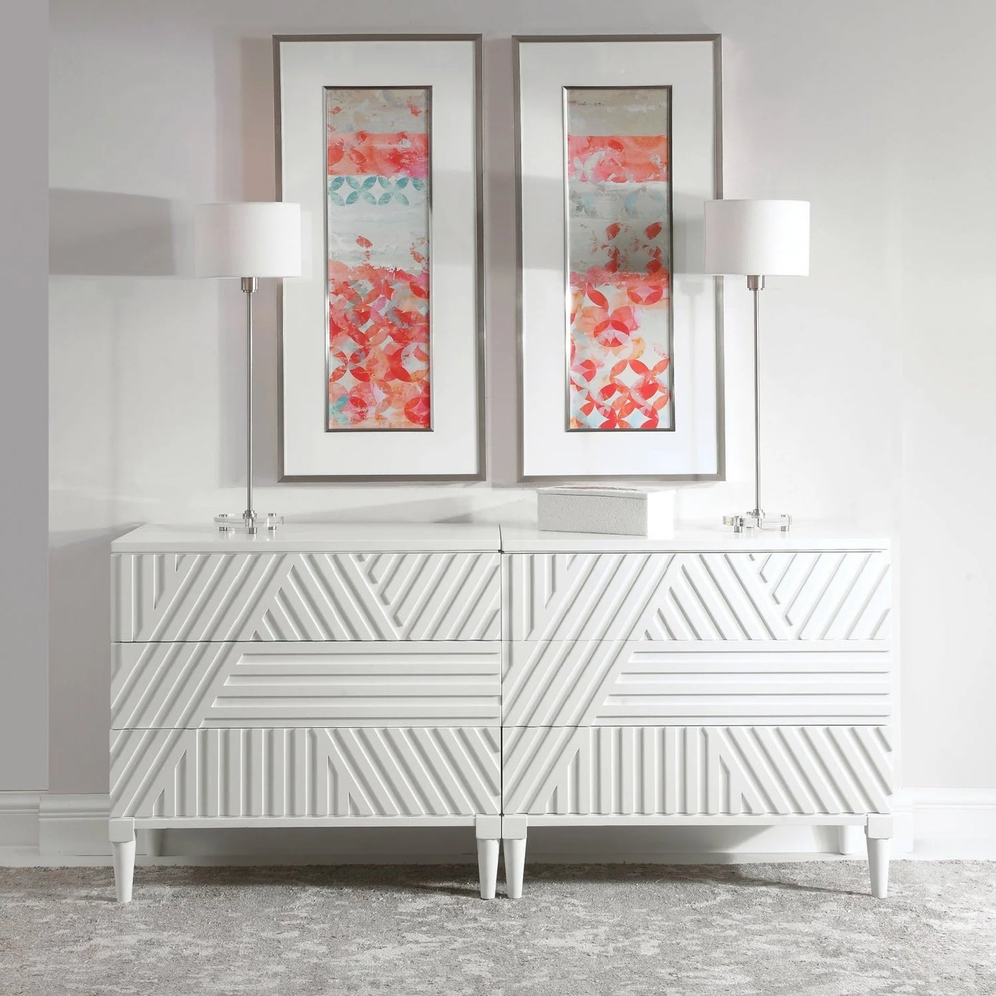 Luxury Modern Geometric Carved 3-Drawer Chest European Style for Villa