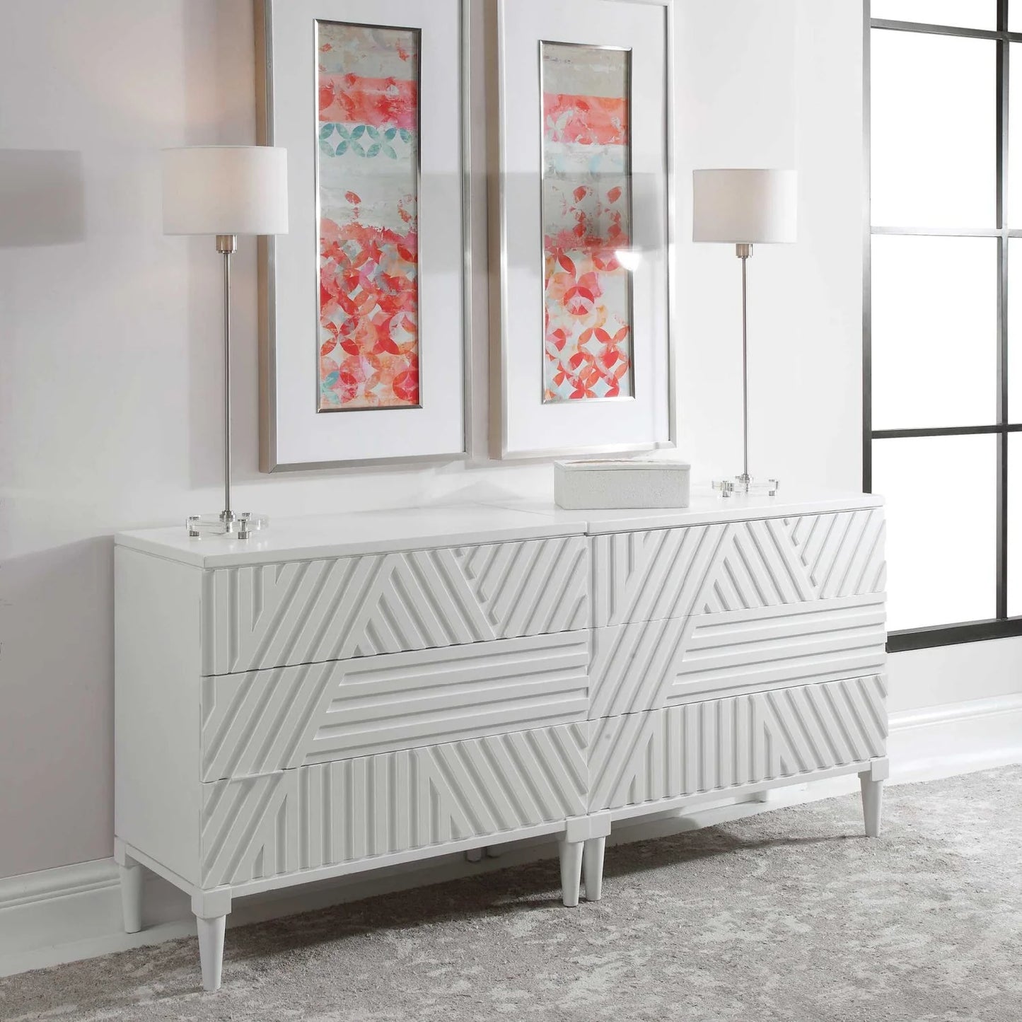 Luxury Modern Geometric Carved 3-Drawer Chest European Style for Villa