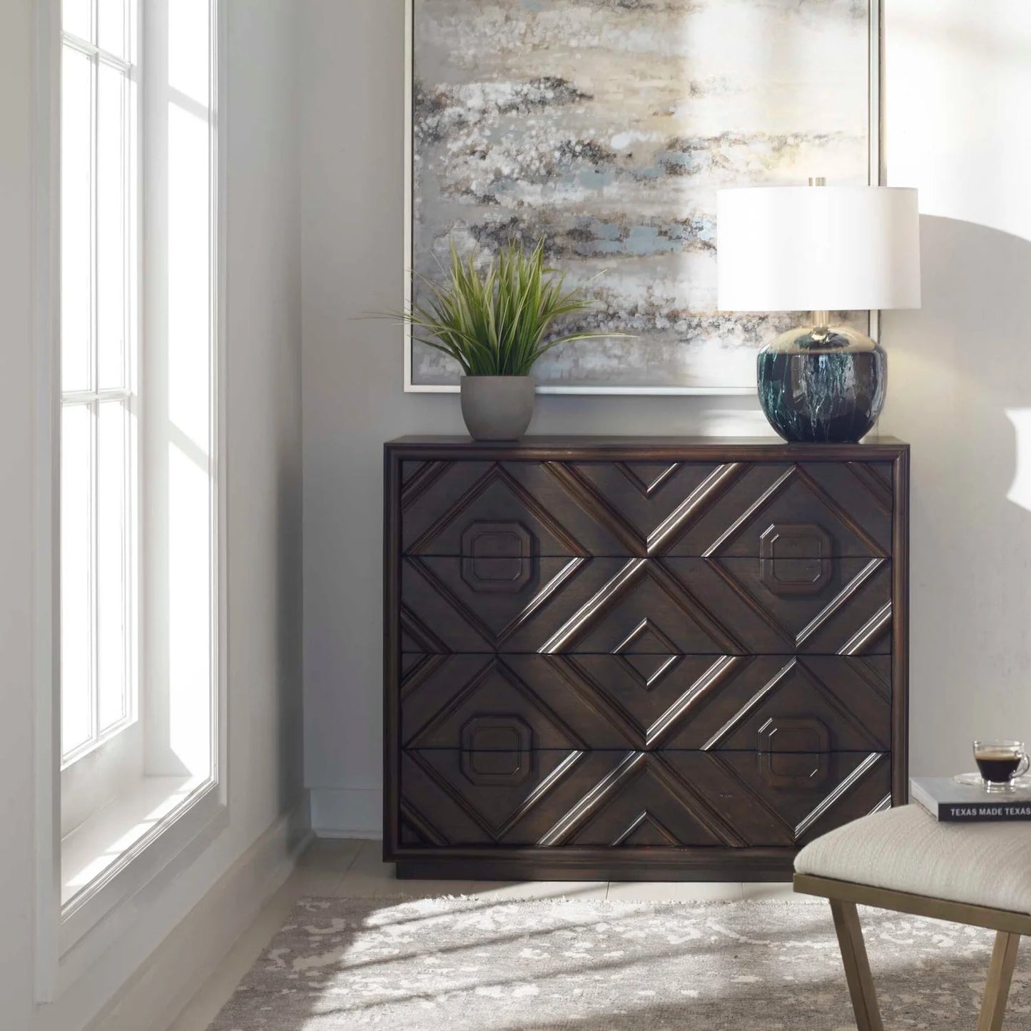 Luxury Modern Geometric Carved 4-Drawer Chest European Style for Villa