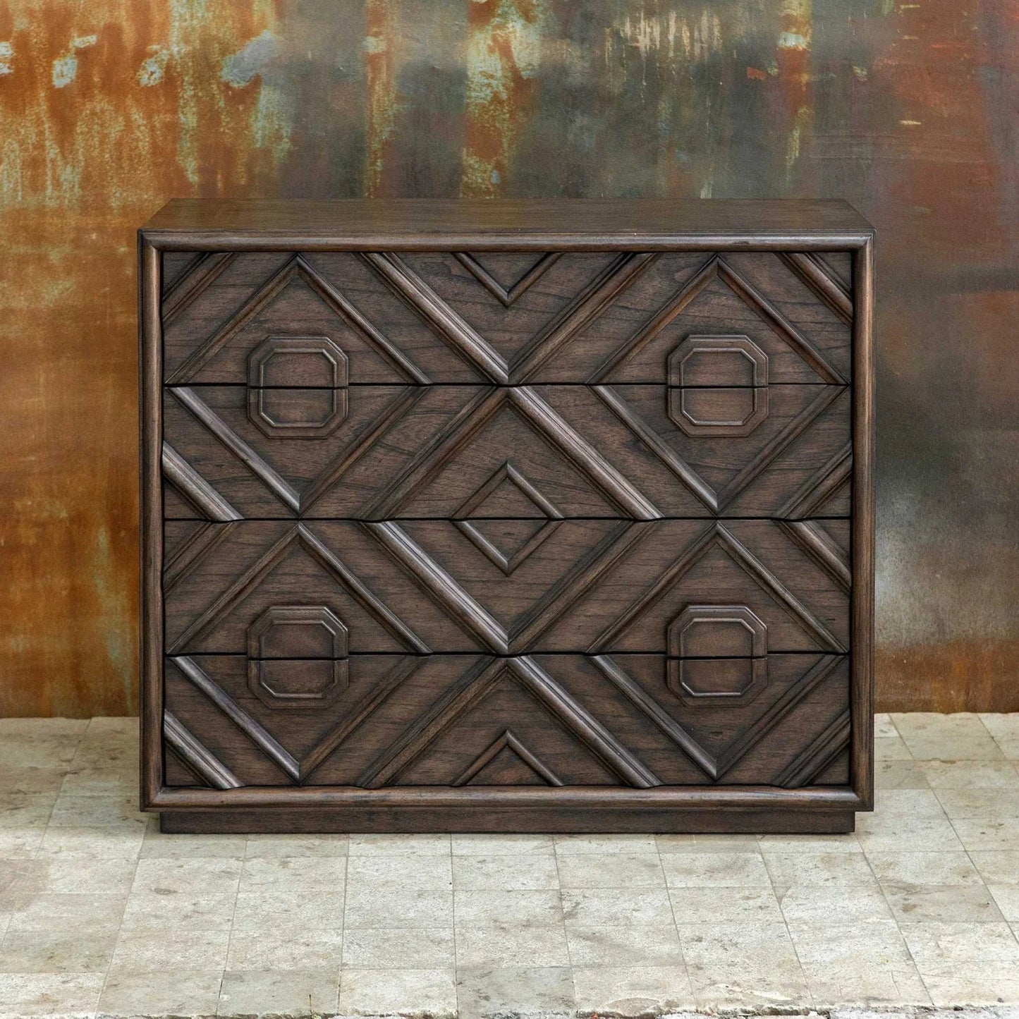Luxury Modern Geometric Carved 4-Drawer Chest European Style for Villa