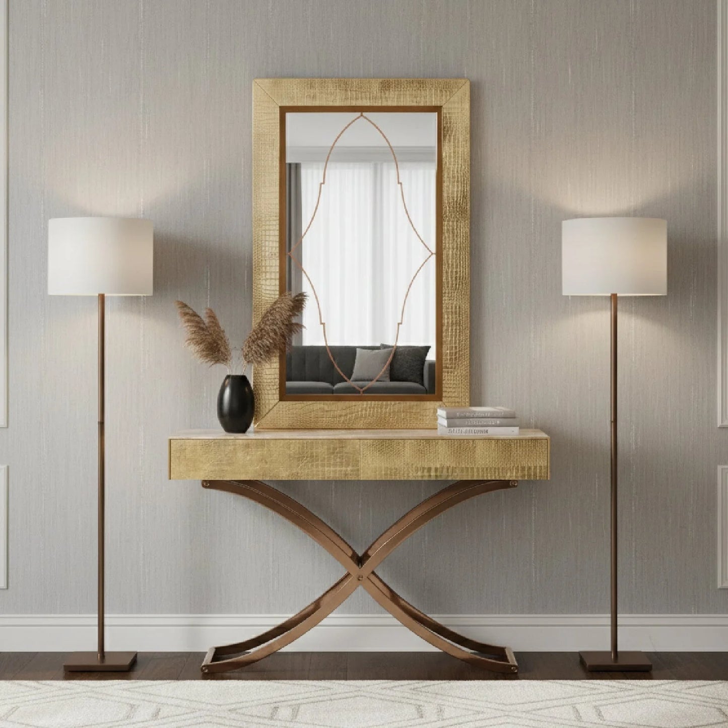 Luxury Modern Gold Crocodile Mirror Console Table European Style for Villa