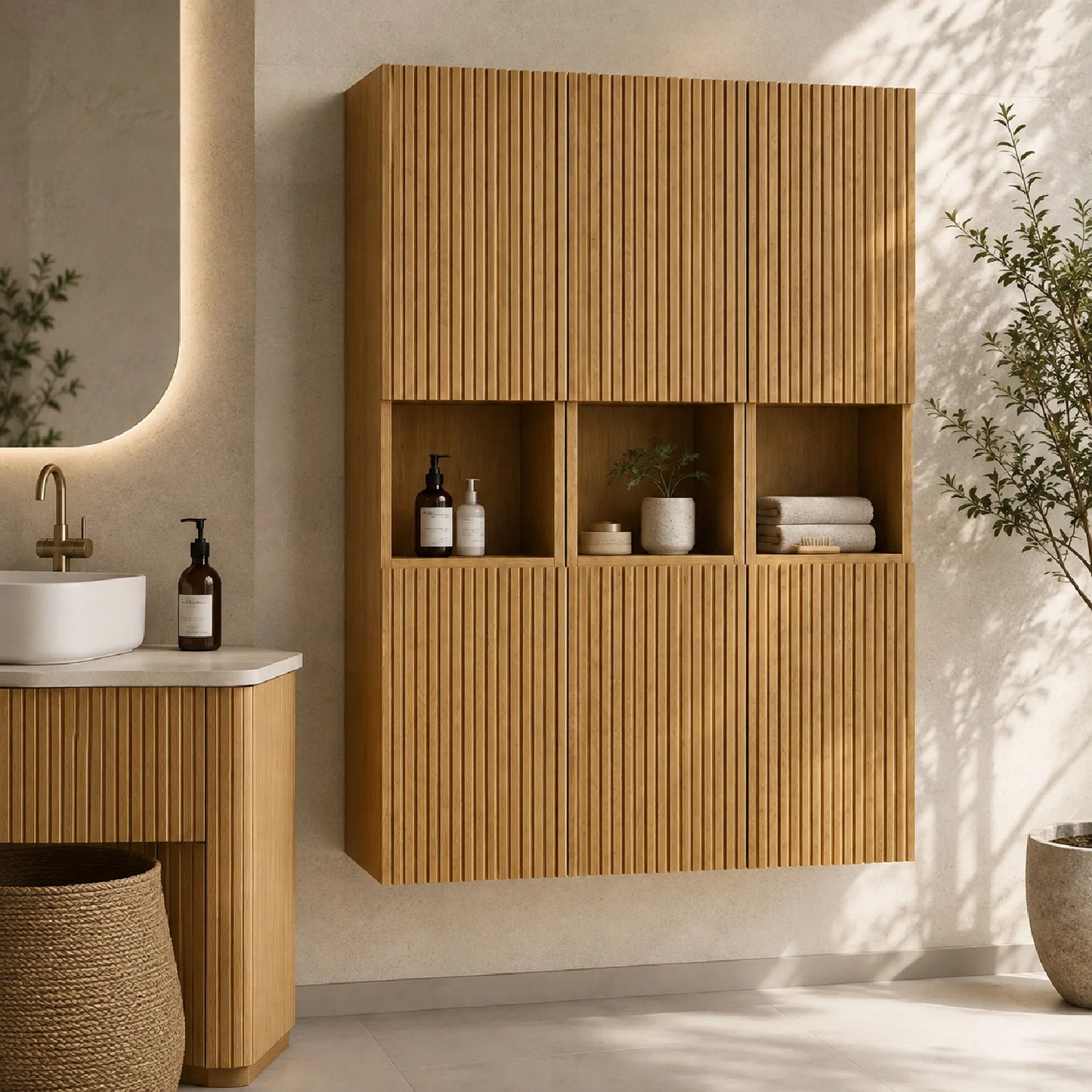 Luxury Modern Golden Oak Bathroom Cabinet European Style for Villa