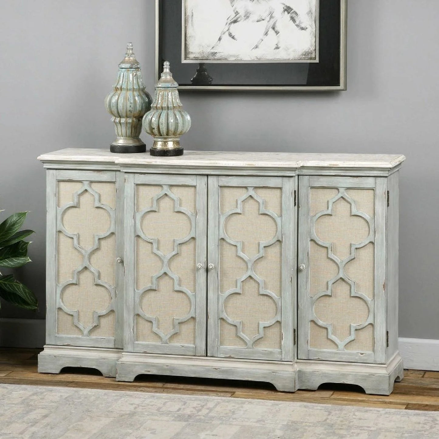 Luxury Modern Gray Carved 4-Door Cabinet European Style for Villa