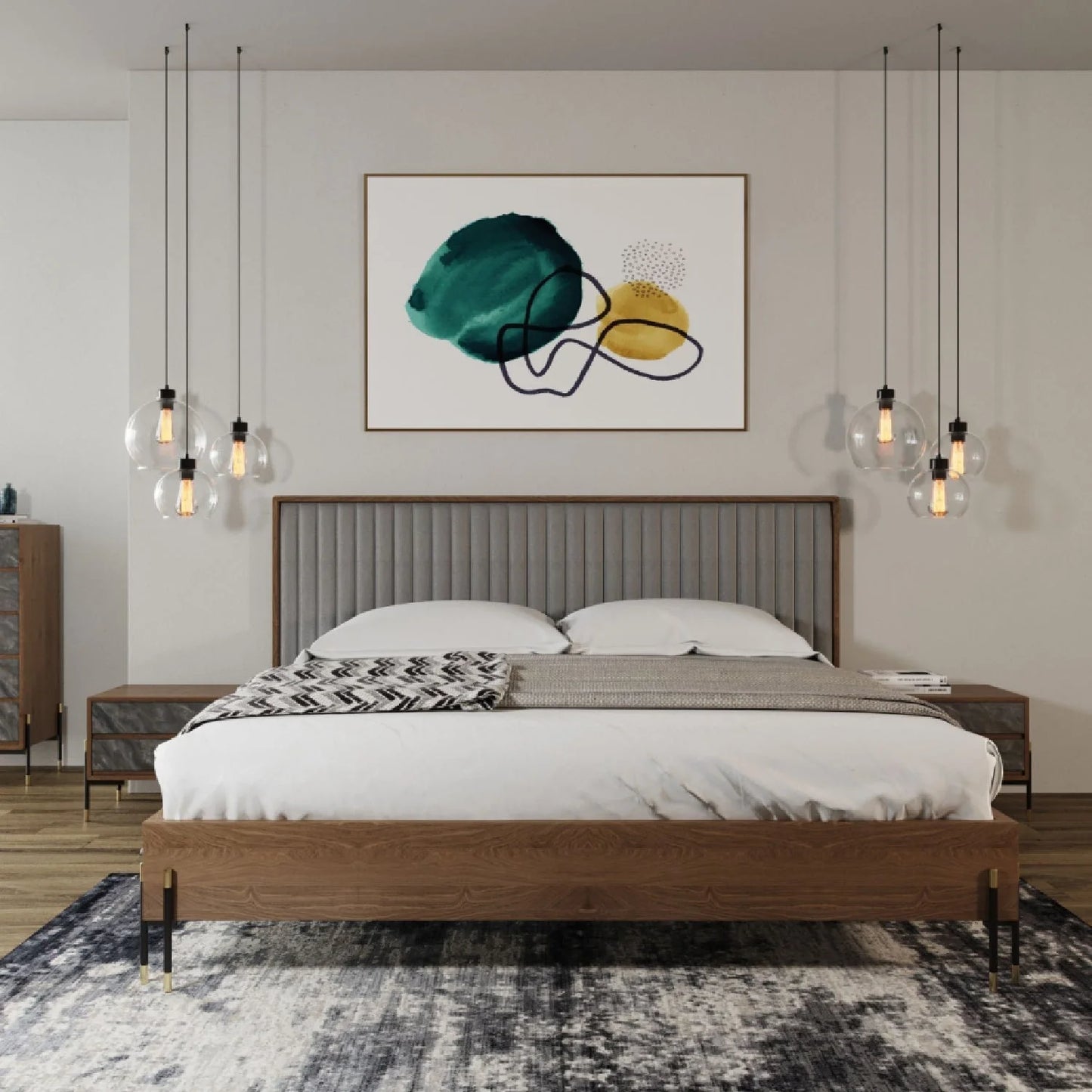 Luxury Modern Gray Channel Tufted Bed European Style for Villa