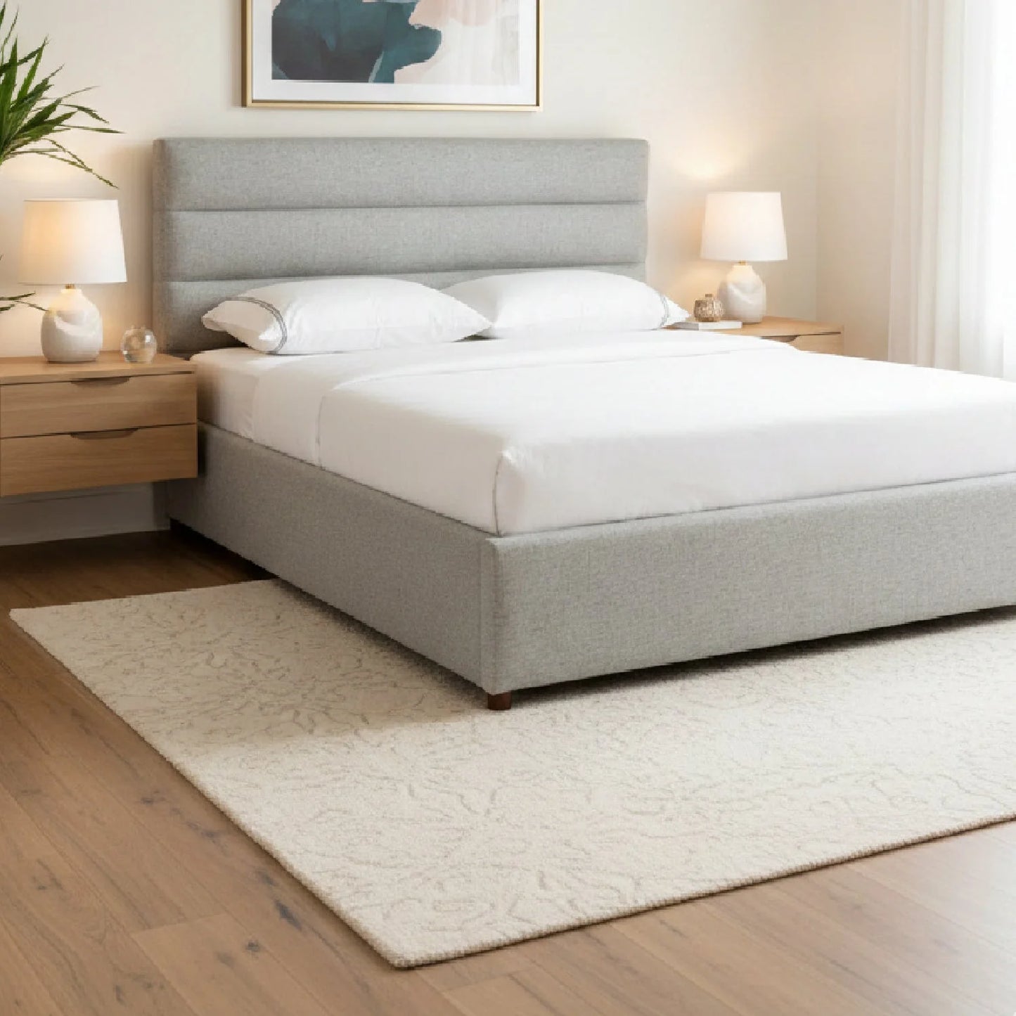 Luxury Modern Gray Channeled Fabric Queen Bed European Style for Villa