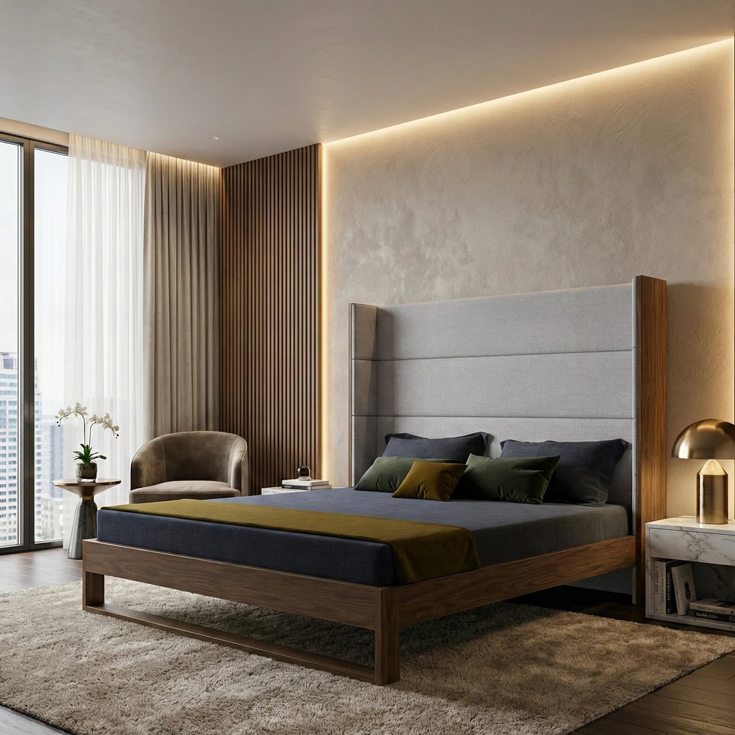Luxury Modern Gray Cotton Twill Bed European Style for Villa