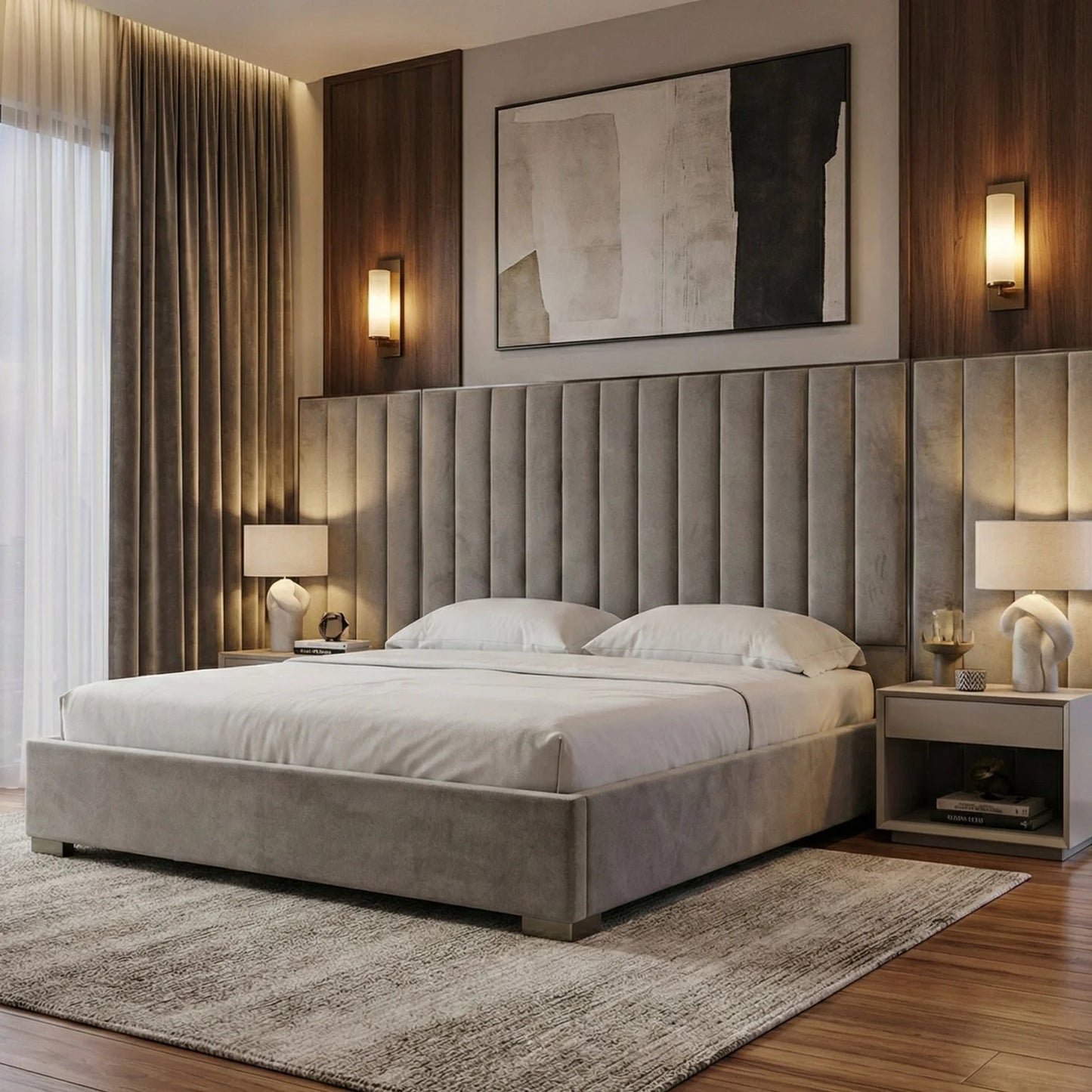 Luxury Modern Gray Fabric Panel Headboard Queen Bed European Style for Villa