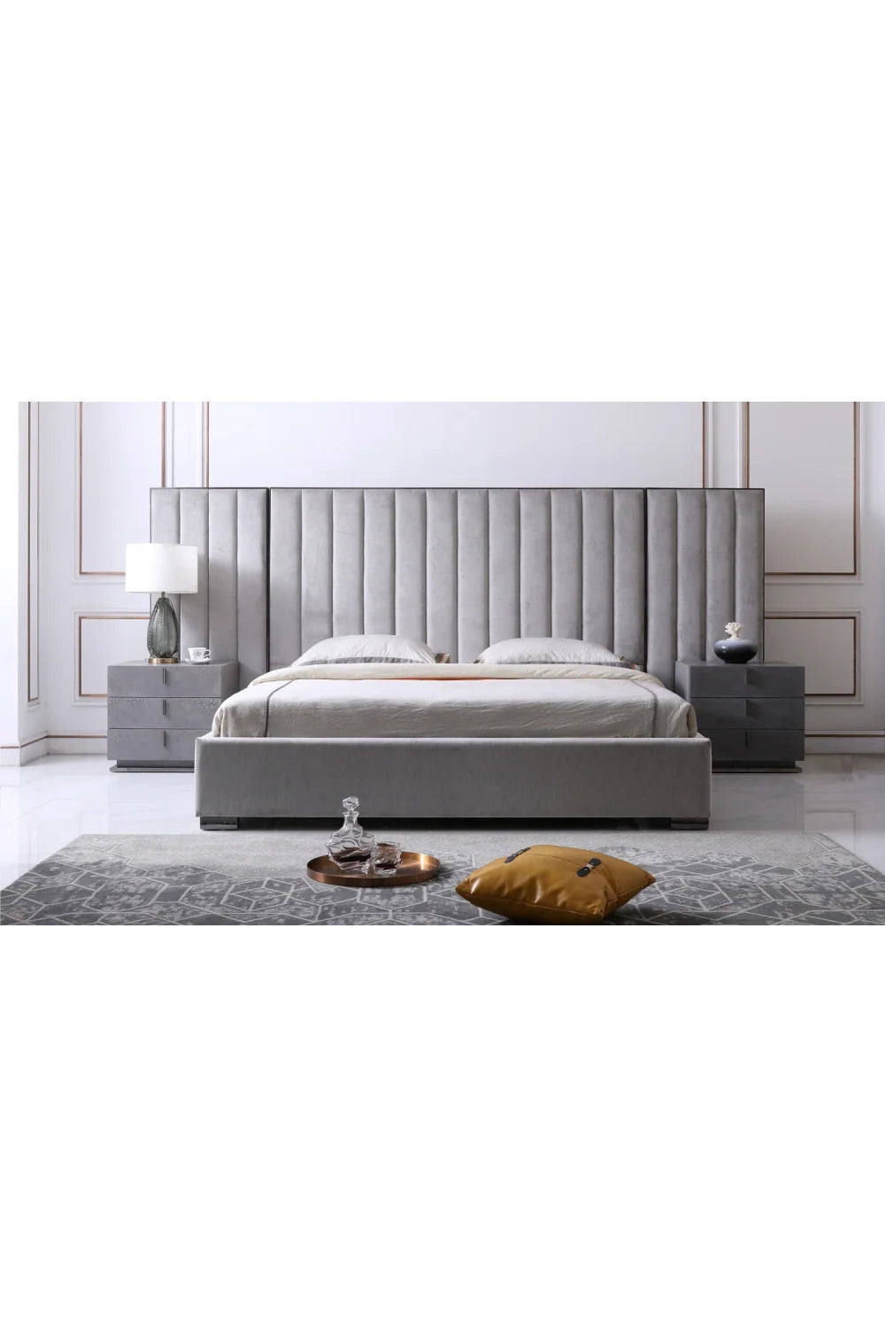 Luxury Modern Gray Fabric Panel Headboard Queen Bed European Style for Villa