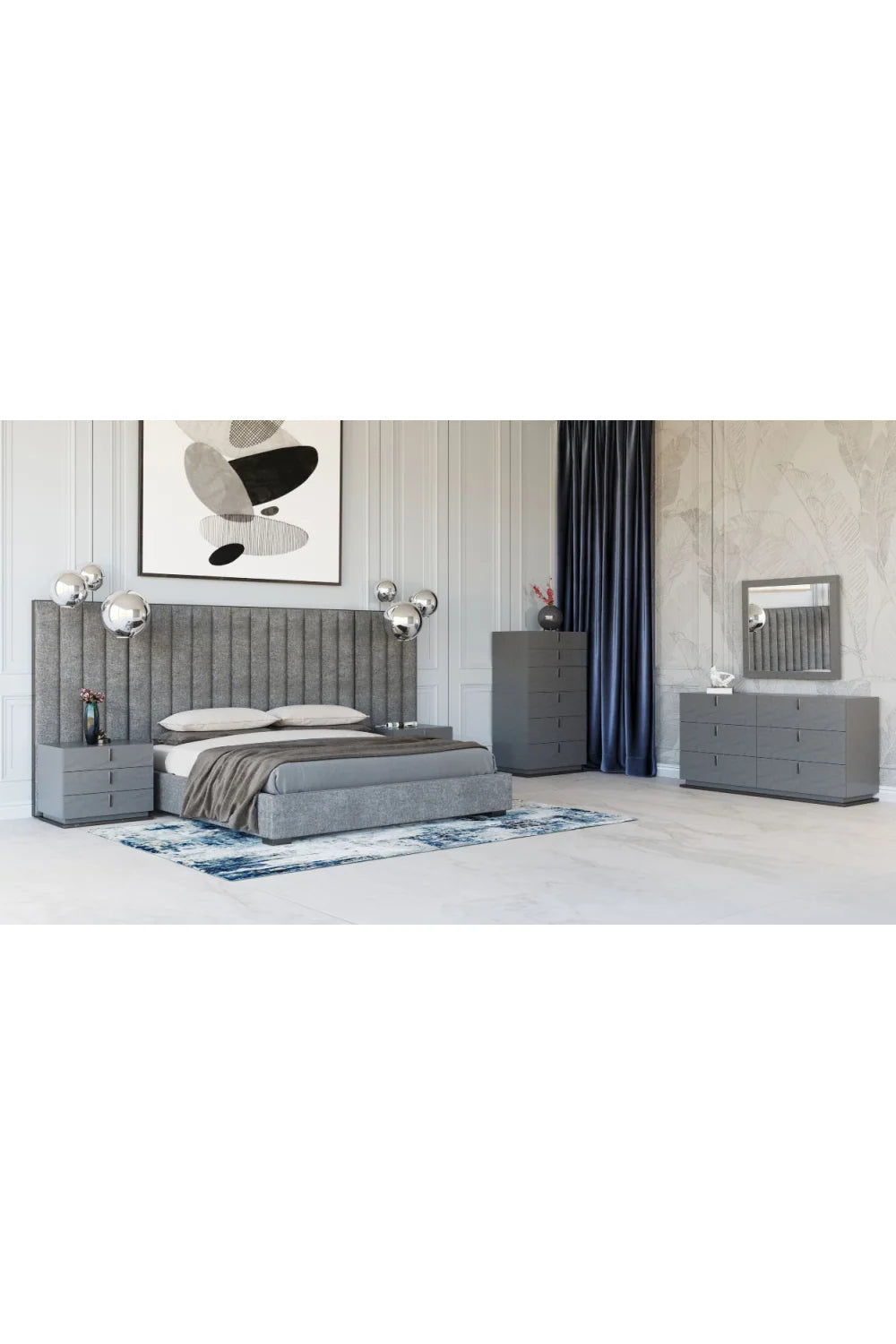 Luxury Modern Gray Fabric Panel Headboard Queen Bed European Style for Villa