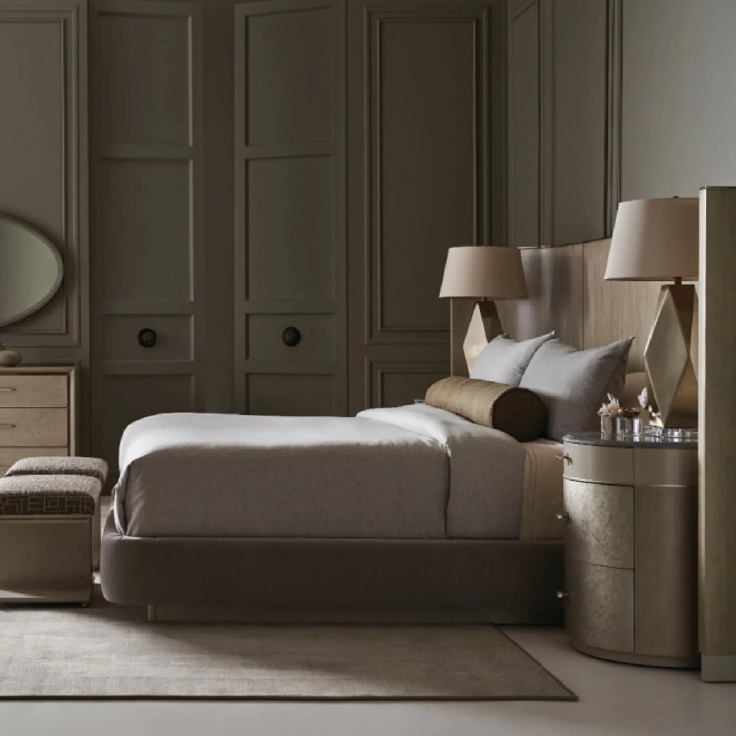 Luxury Modern Gray Fabric Winged King Bed European Style for Villa