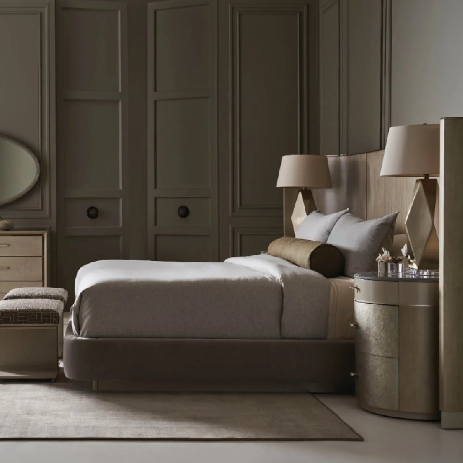Luxury Modern Gray Fabric Winged King Bed European Style for Villa