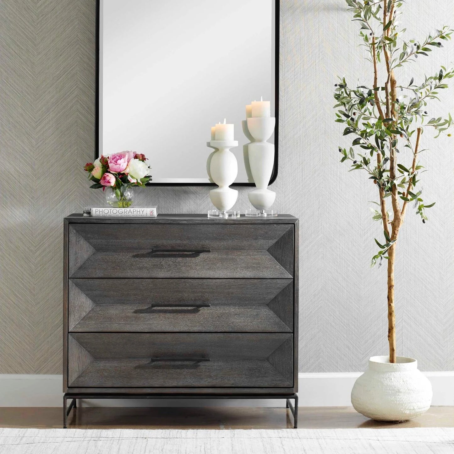 Luxury Modern Gray Glazed Acacia 3-Drawer Chest European Style for Villa
