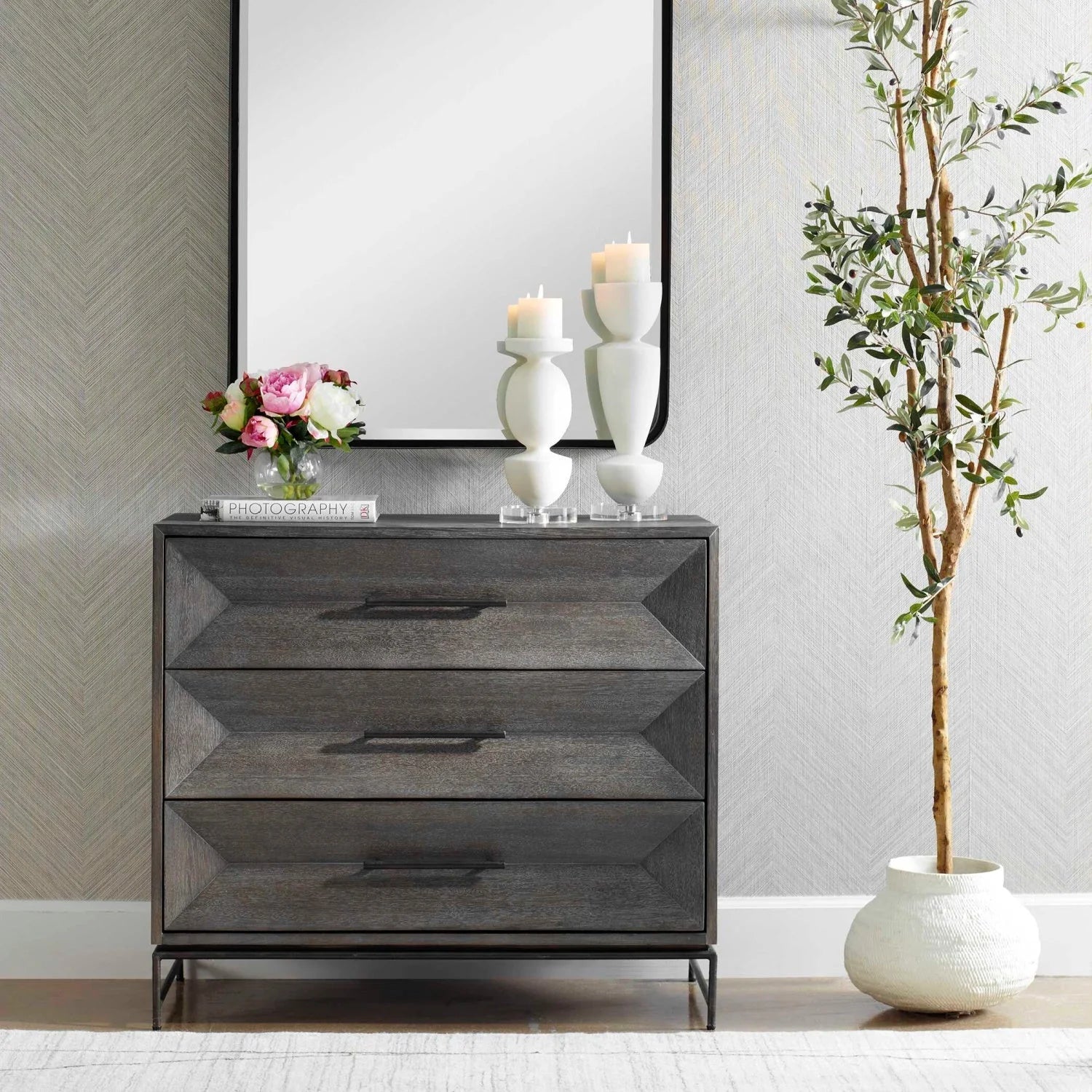 Luxury Modern Gray Glazed Acacia 3-Drawer Chest European Style for Villa