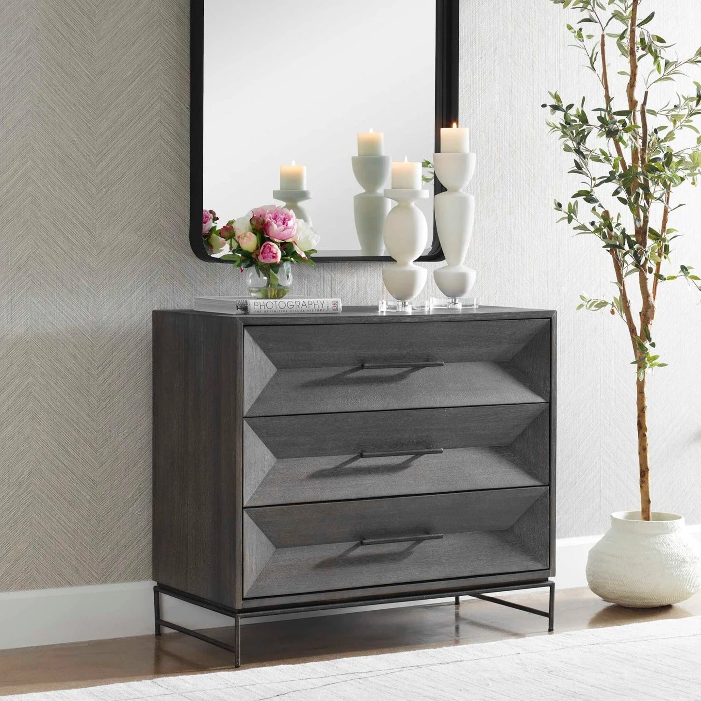 Luxury Modern Gray Glazed Acacia 3-Drawer Chest European Style for Villa