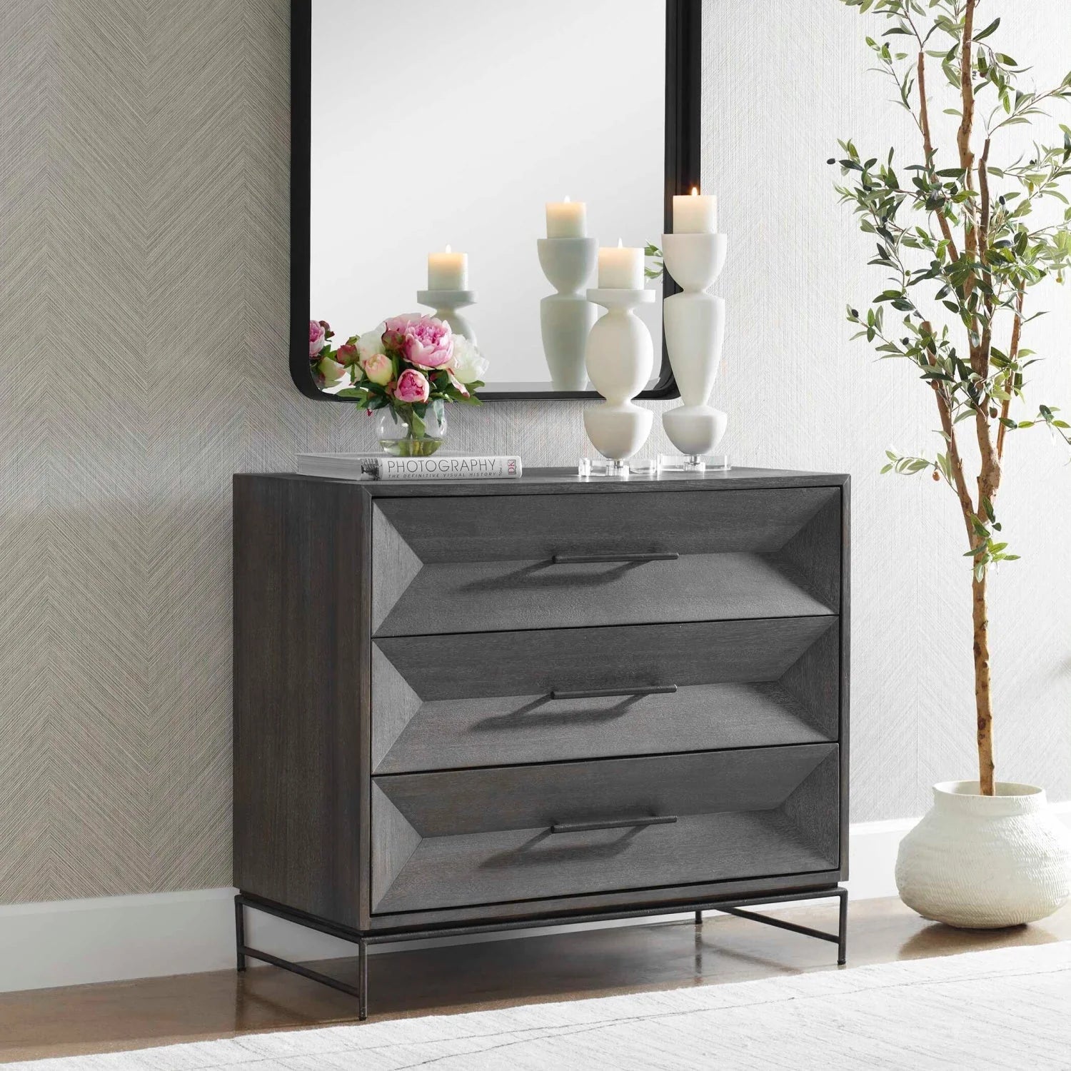 Luxury Modern Gray Glazed Acacia 3-Drawer Chest European Style for Villa