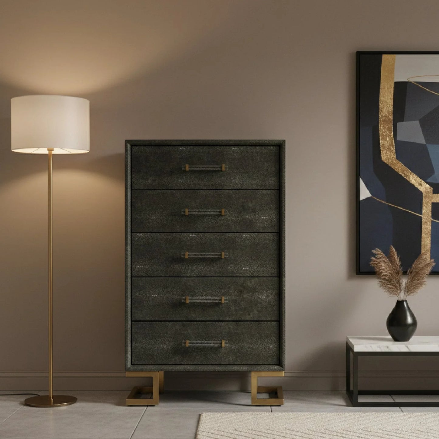 Luxury Modern Gray Shagreen 5-Drawer Chest European Style for Villa