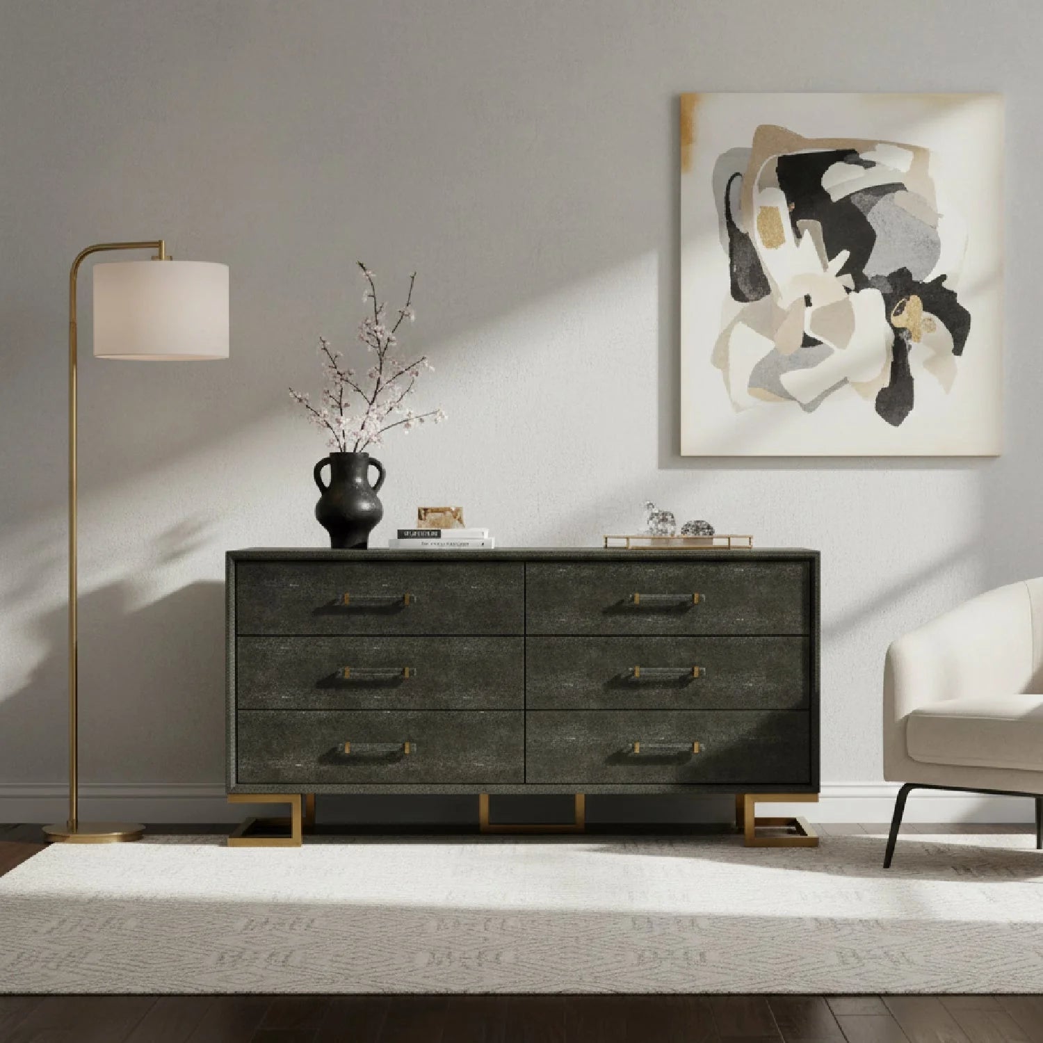 Luxury Modern Gray Shagreen 6 Drawer Dresser European Style for Villa