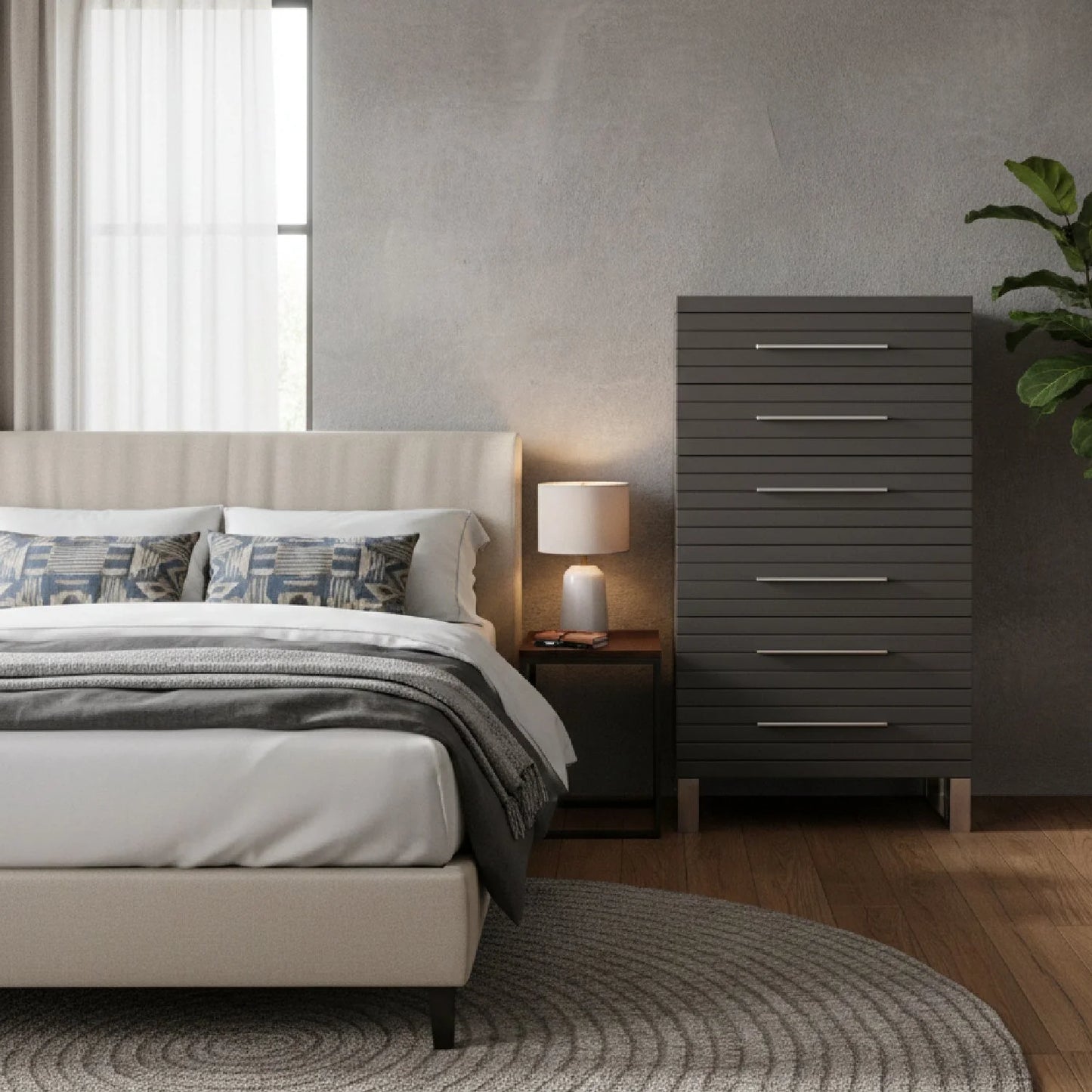 Luxury Modern Gray Slatted 6-Drawer Chest European Style for Villa