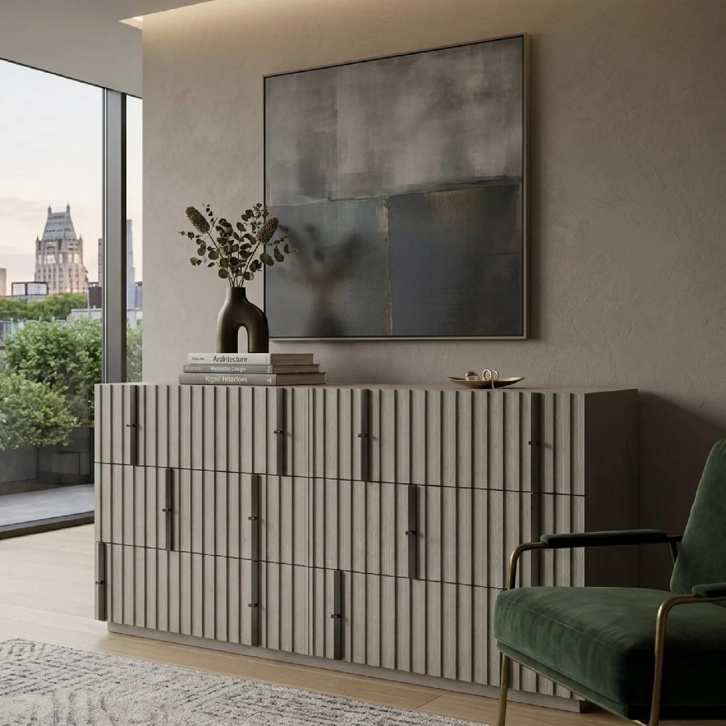 Luxury Modern Gray Slatted 6-Drawer Dresser European Style for Villa