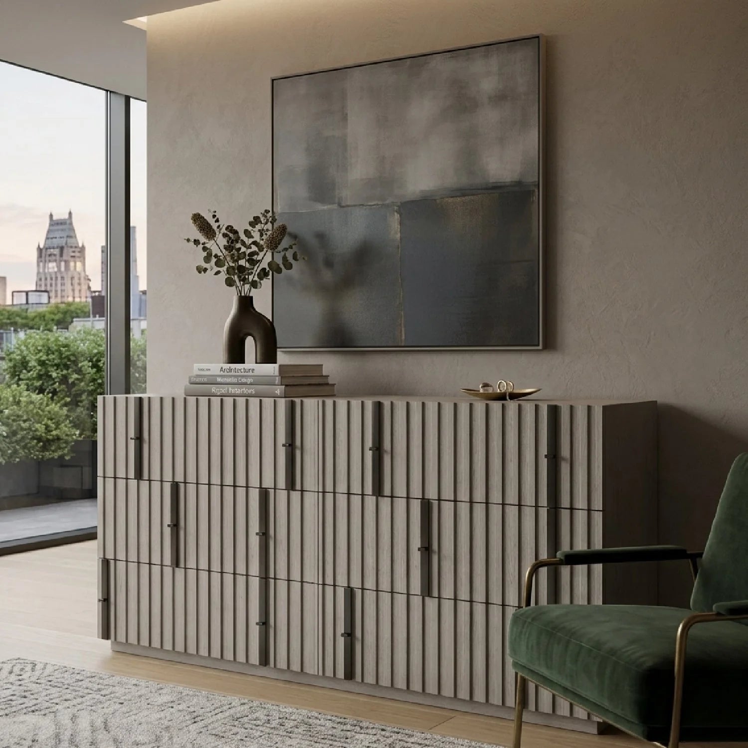Luxury Modern Gray Slatted 6-Drawer Dresser European Style for Villa