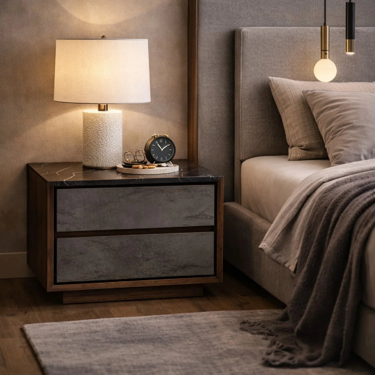 Luxury Modern Gray Stucco 2-Drawer Nightstand European Style for Villa