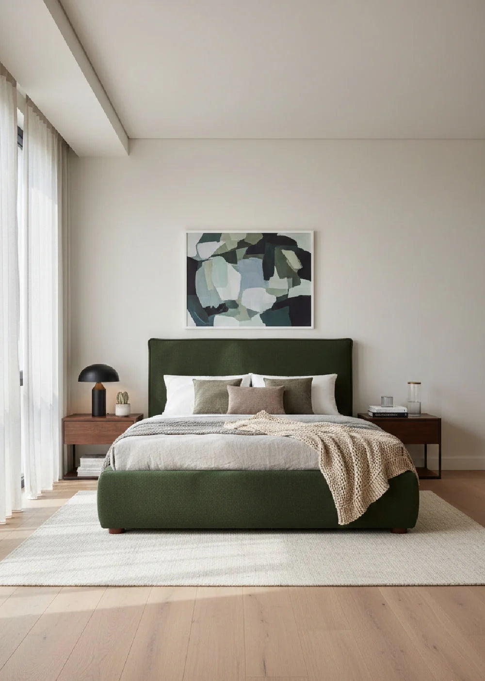 Luxury Modern Green Linen Blend Bed European Style for Villa
