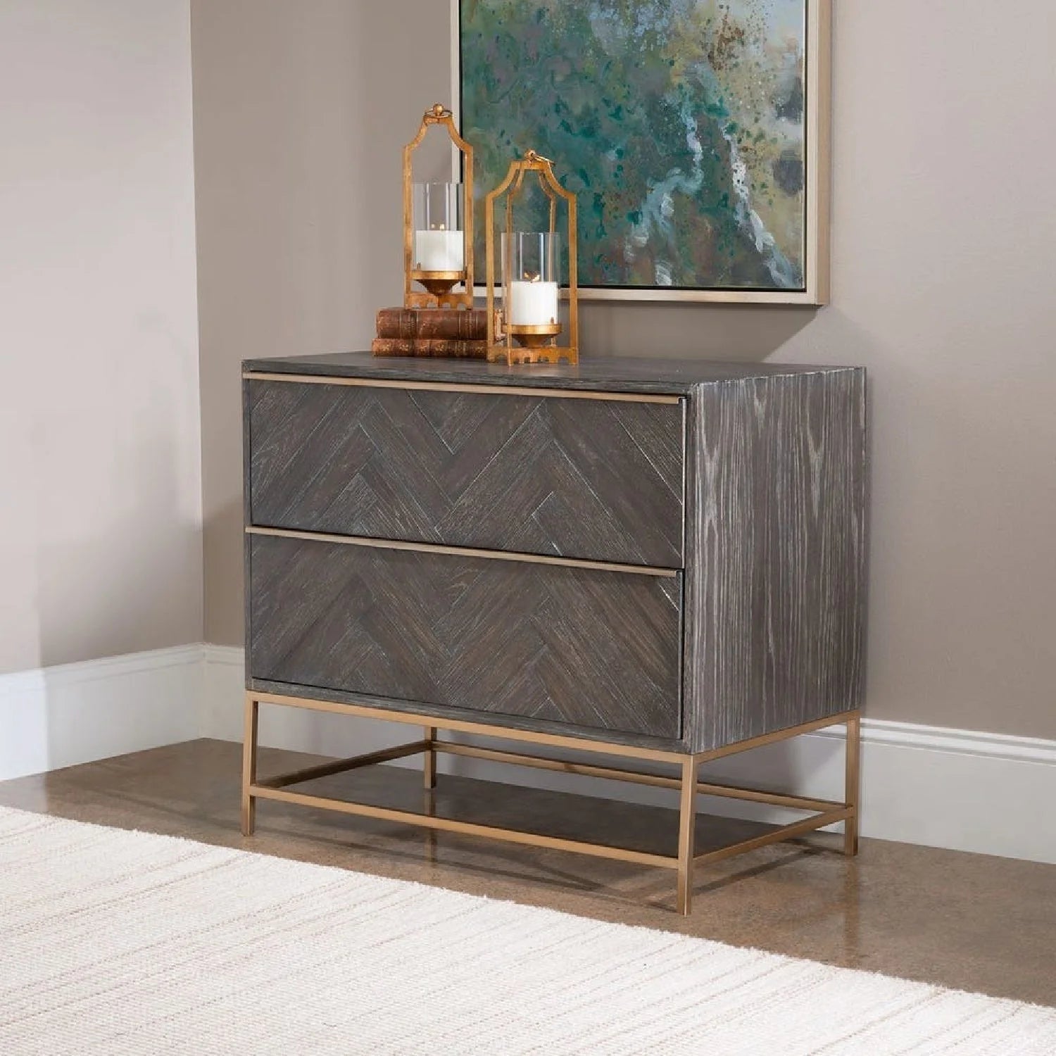 Luxury Modern Herringbone Oak 2-Drawer Chest European Style for Villa