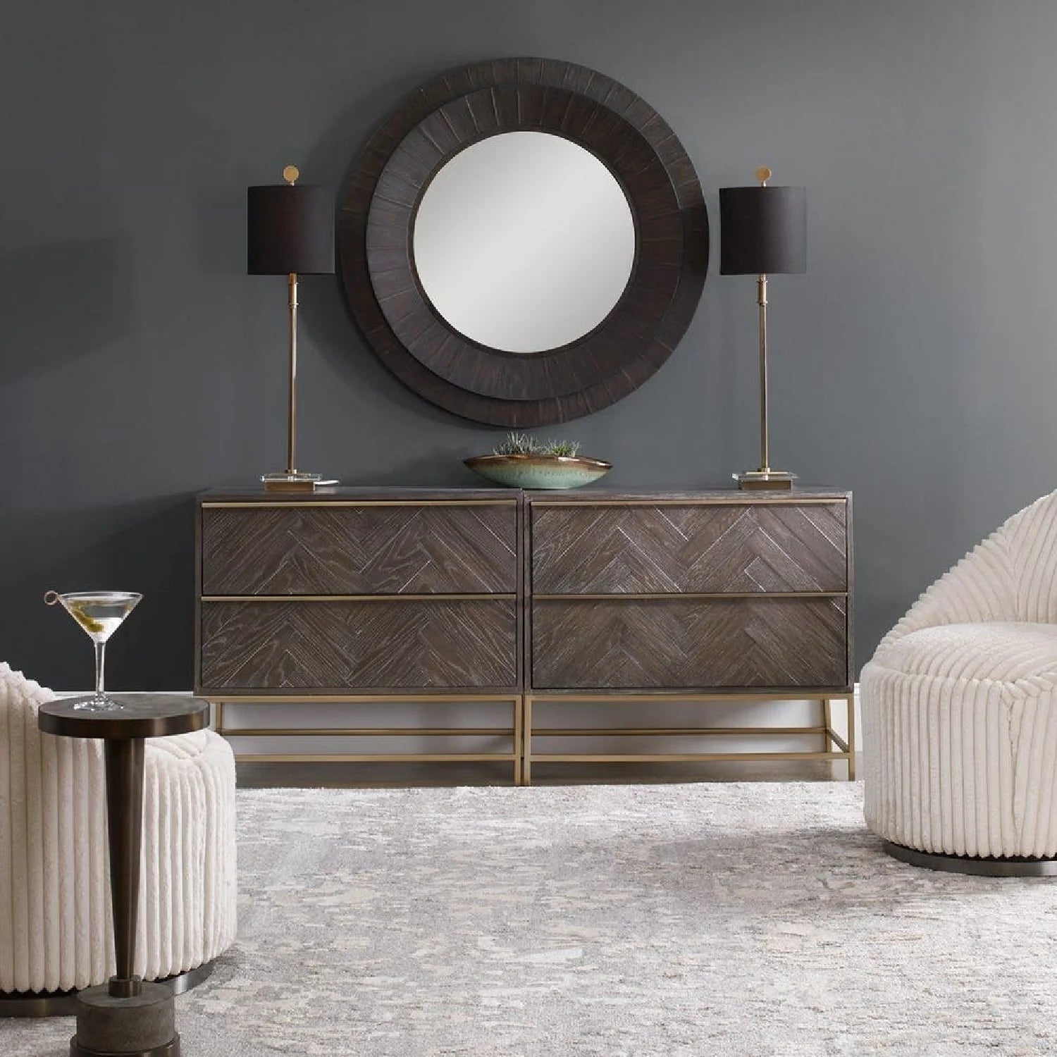 Luxury Modern Herringbone Oak 2-Drawer Chest European Style for Villa