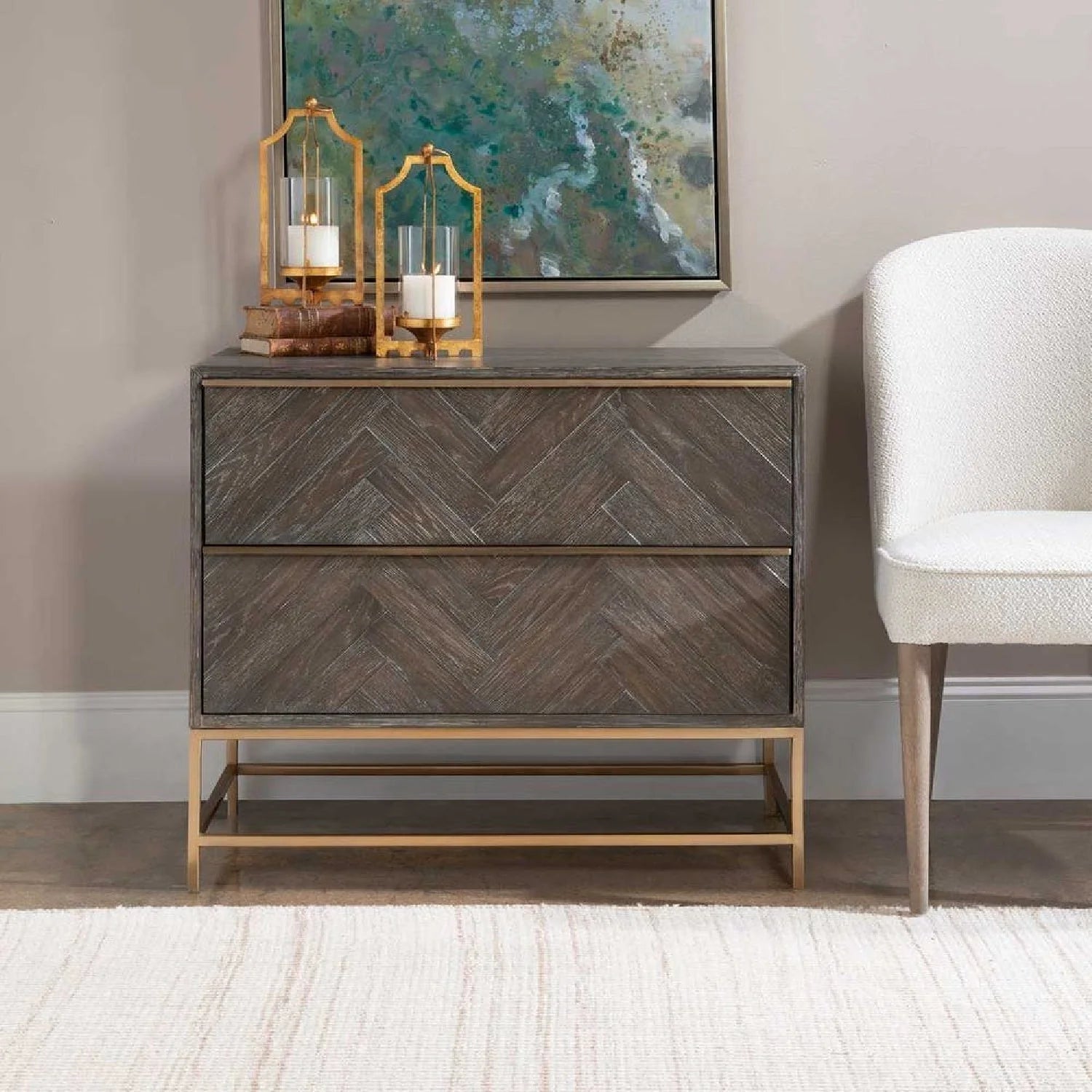 Luxury Modern Herringbone Oak 2-Drawer Chest European Style for Villa