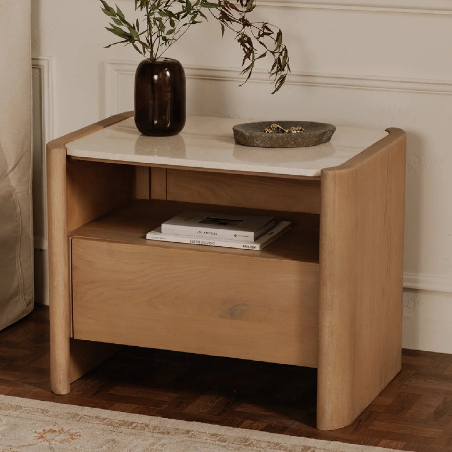 Luxury Modern Lane Marble Top Oak Nightstand European Style for Villa