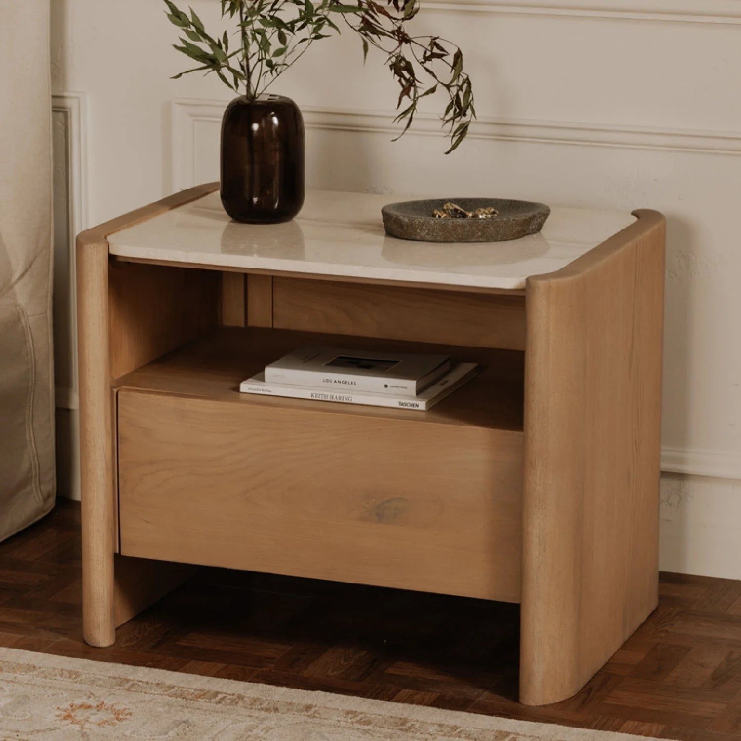 Luxury Modern Lane Marble Top Oak Nightstand European Style for Villa