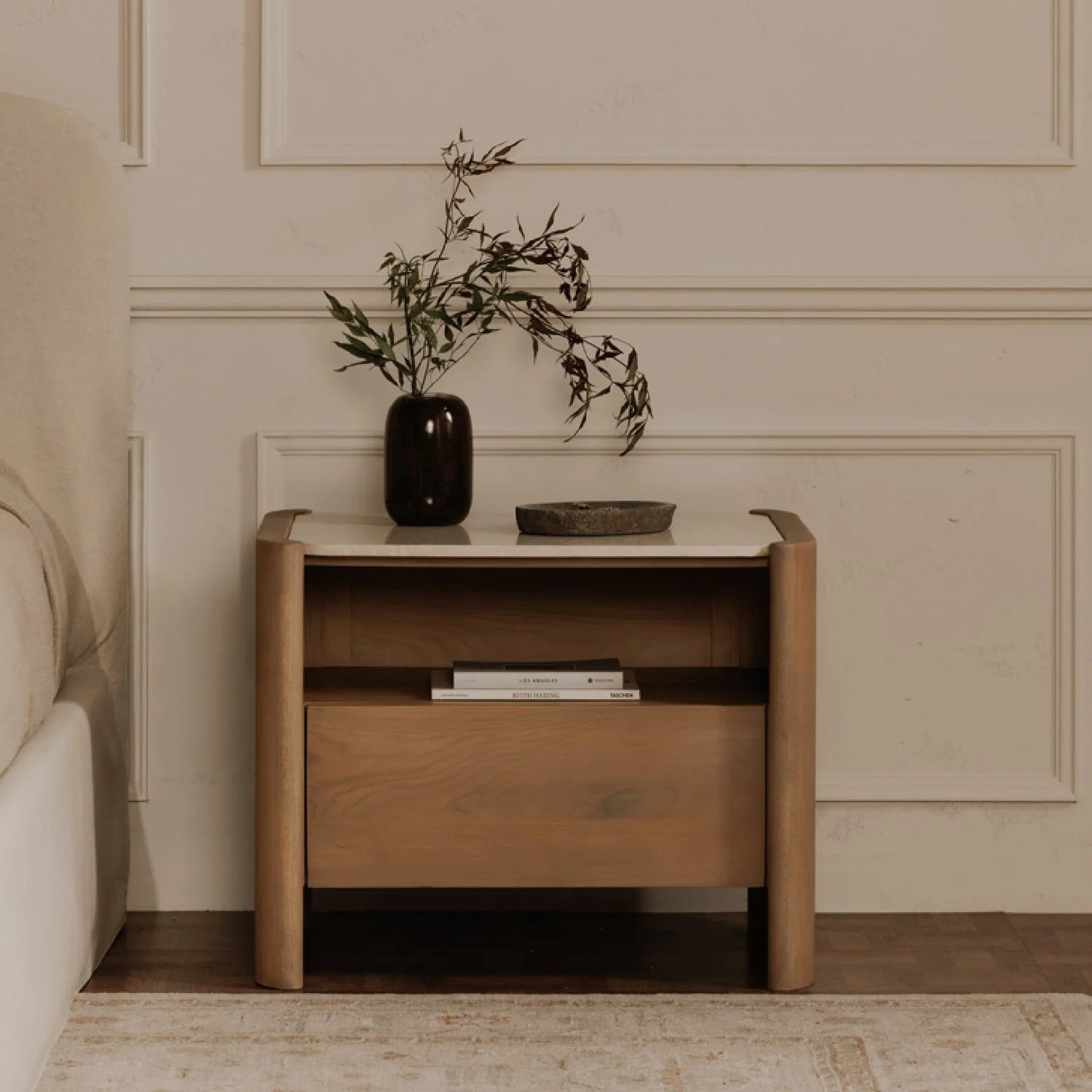 Luxury Modern Lane Marble Top Oak Nightstand European Style for Villa
