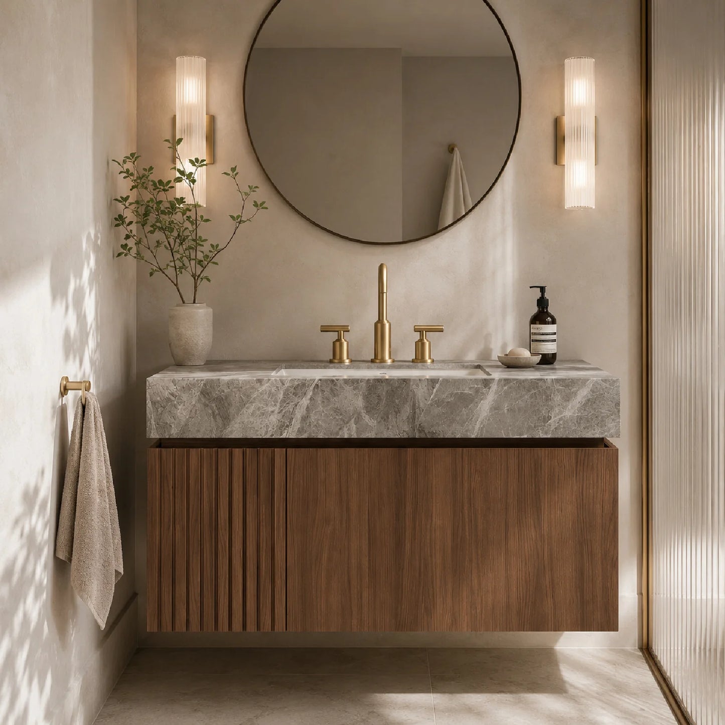 Luxury Modern Light Gray Sintered Stone Bathroom Vanity European Style for Villa