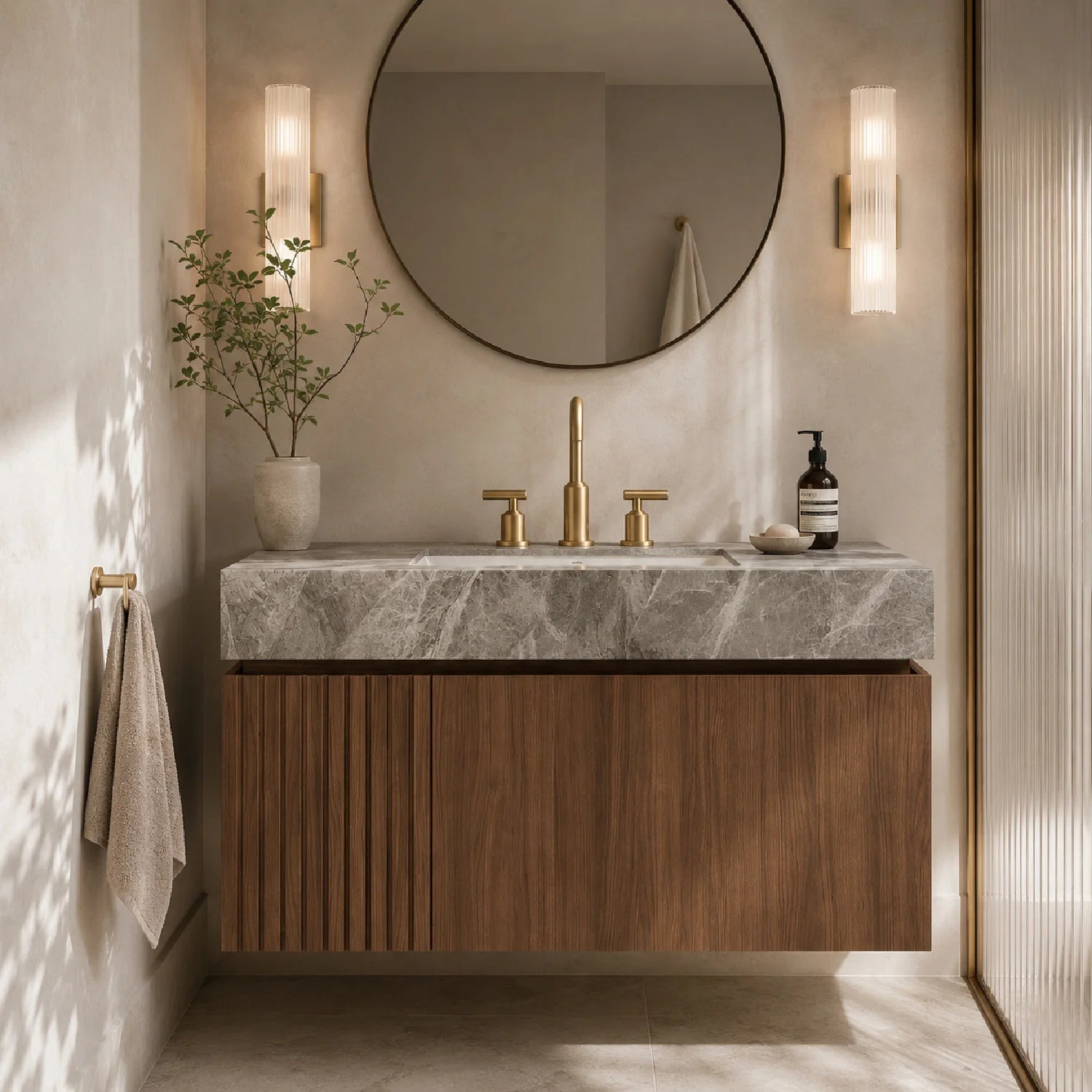 Luxury Modern Light Gray Sintered Stone Bathroom Vanity European Style for Villa