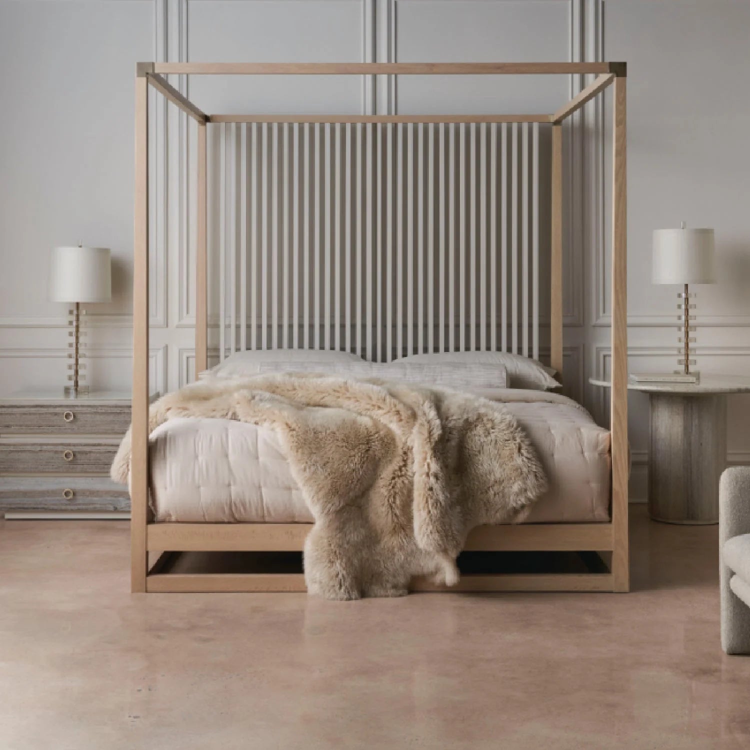 Luxury Modern Light Oak Canopy Bed European Style for Villa