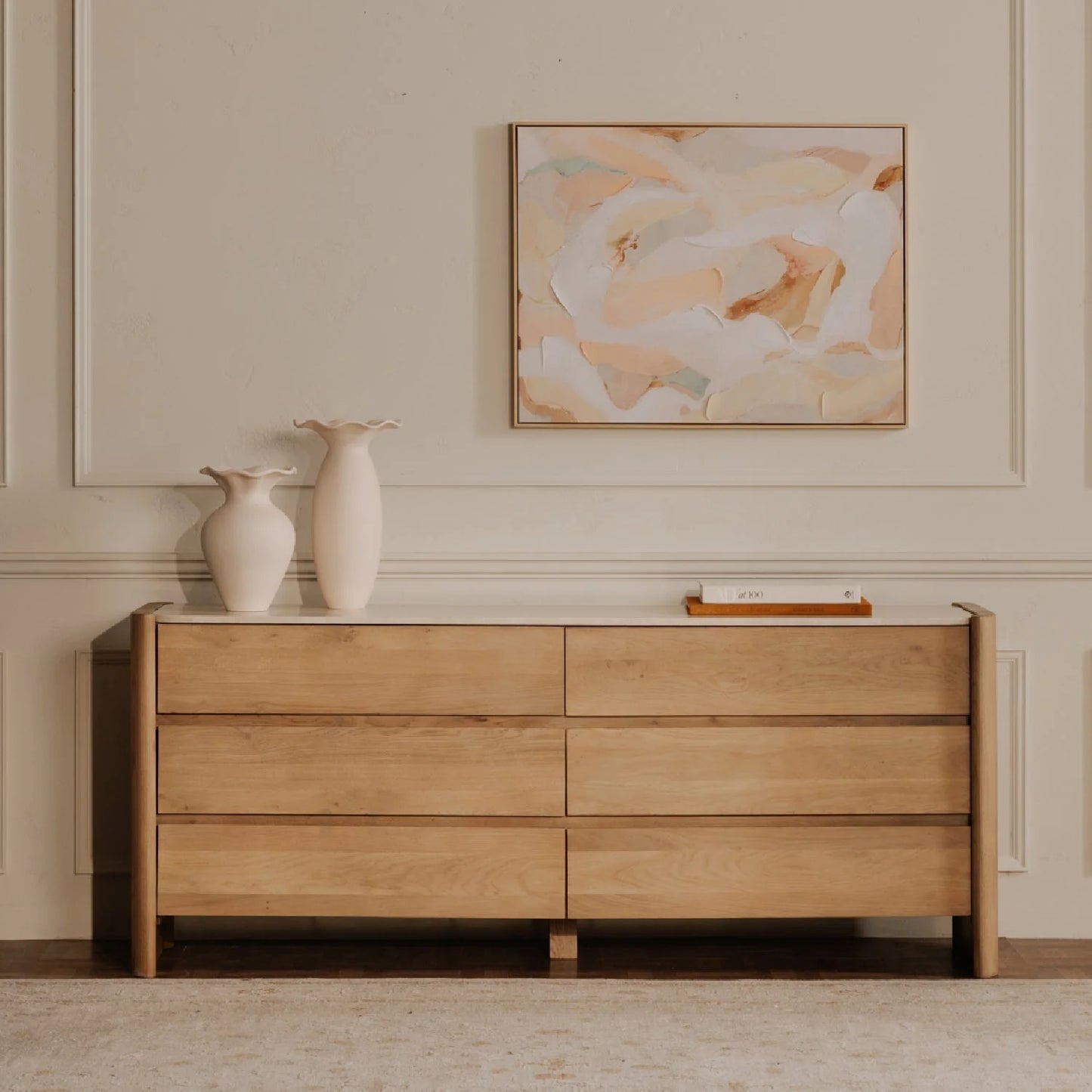 Luxury Modern Marble Top Oak 6-Drawer Dresser European Style for Villa